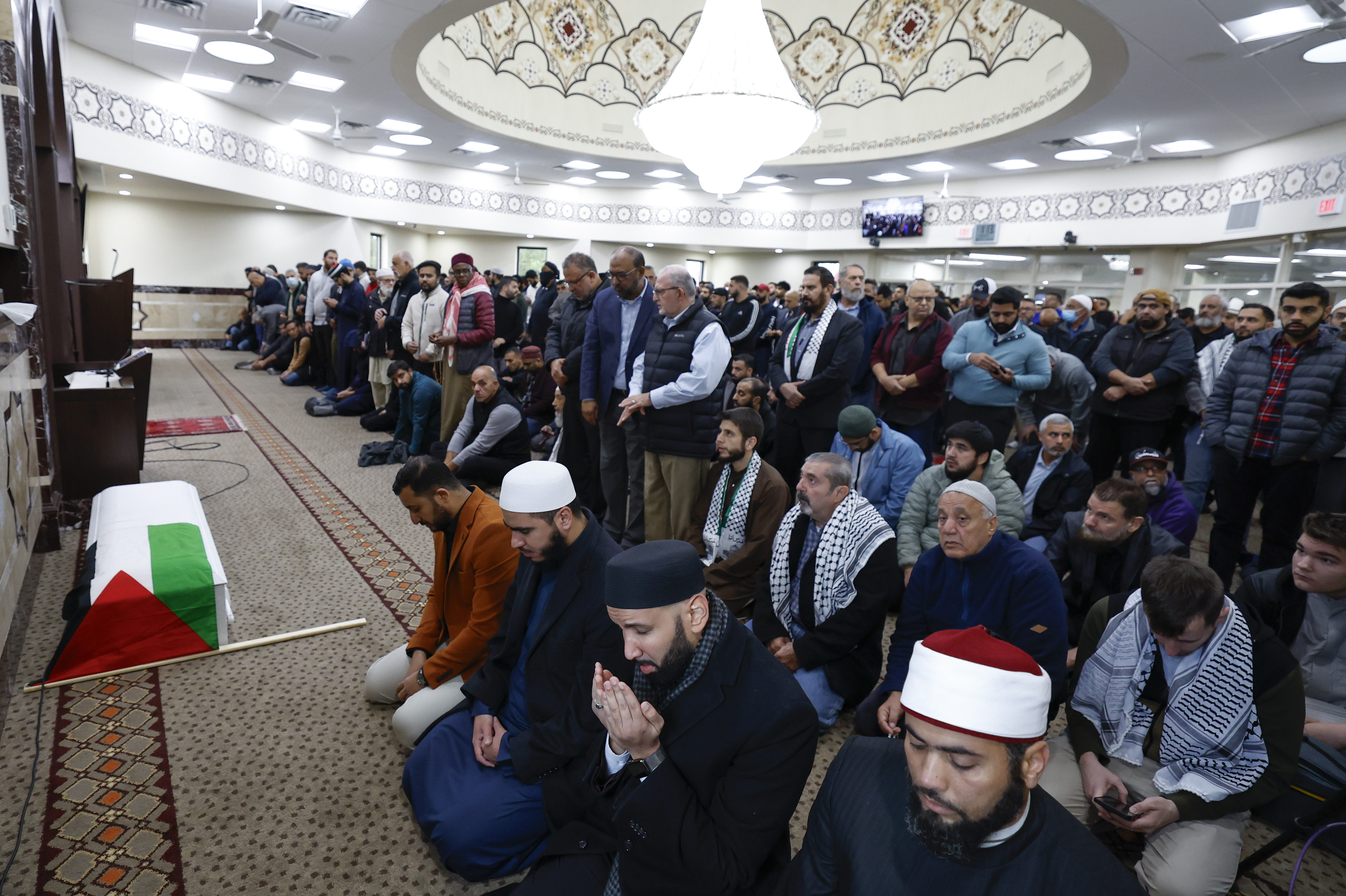 Community members pray during a funeral service for 6-year-old Wadea Al-Fayoume at the Mosque Foundation on Monday, Oct. 16, 2023, in Bridgeview, Ill. (Getty Images)