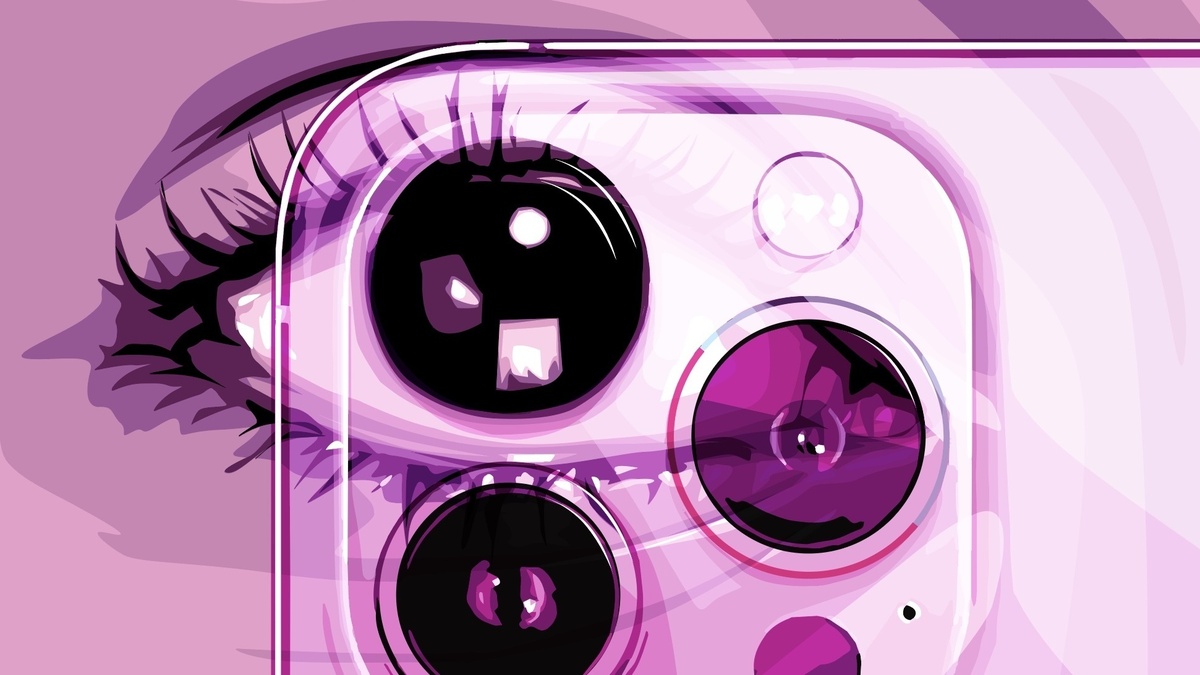 An illustration of a person&#039;s eye in pink and purple shades. The iris is lined up with a translucent cell phone&#039;s camera, which is also pink.