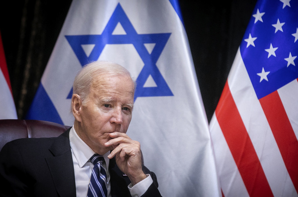 President Biden pauses during a meeting with Israeli Prime Minister Benjamin Netanyahu to discuss the war between Israel and Hamas in Tel Aviv on Wednesday.