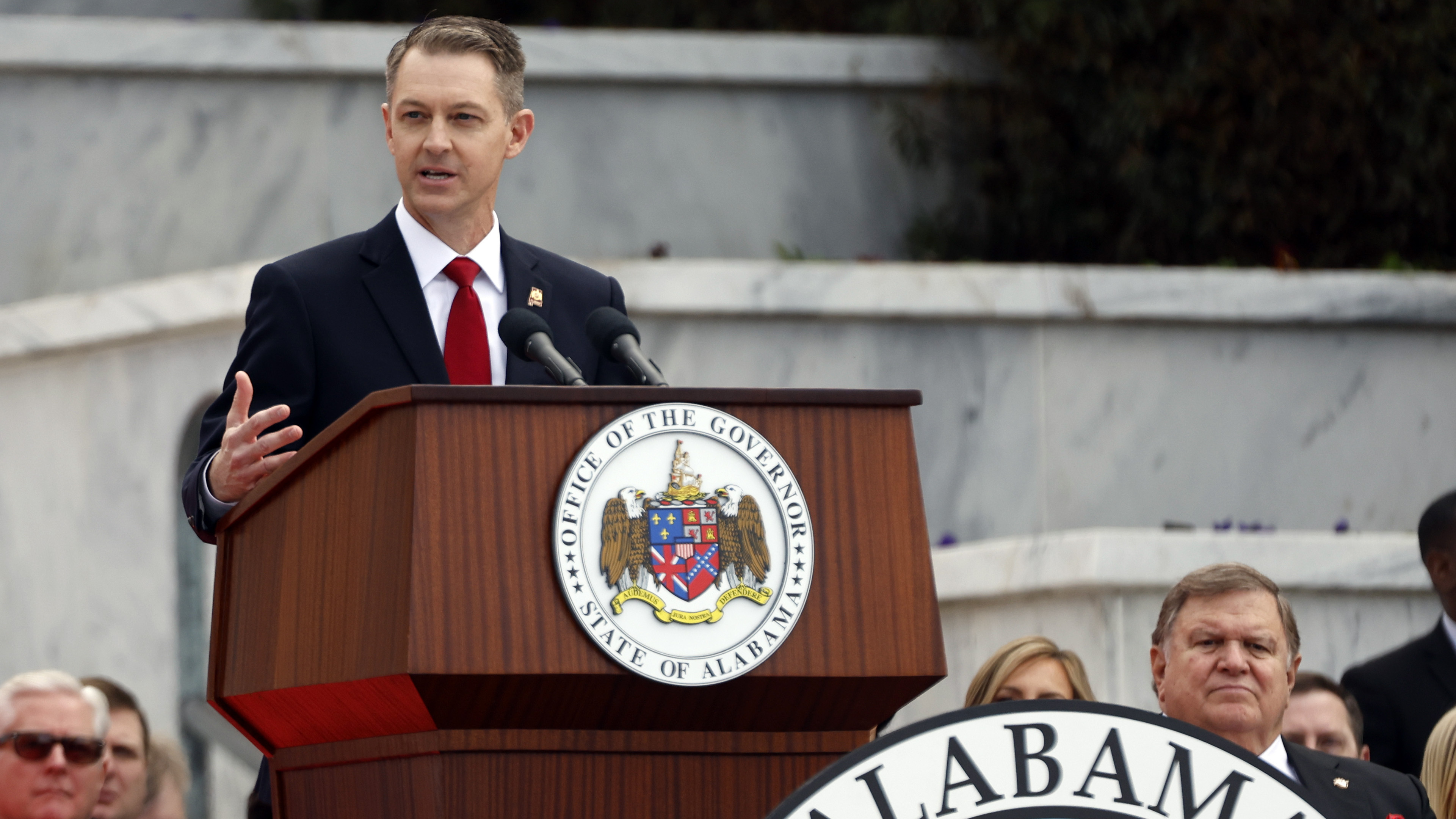 Alabama Secretary of State Wes Allen speaks during his inauguration on Jan. 16, 2023, in Montgomery, Ala. After pulling Alabama out of the Electronic Registration Information Center, Allen has now announced a new voter database.