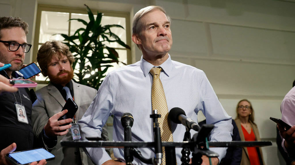 Rep. Jim Jordan, R-Ohio, speaks to the media as he leaves a closed-door House Republican meeting at the U.S. Capitol on Friday.