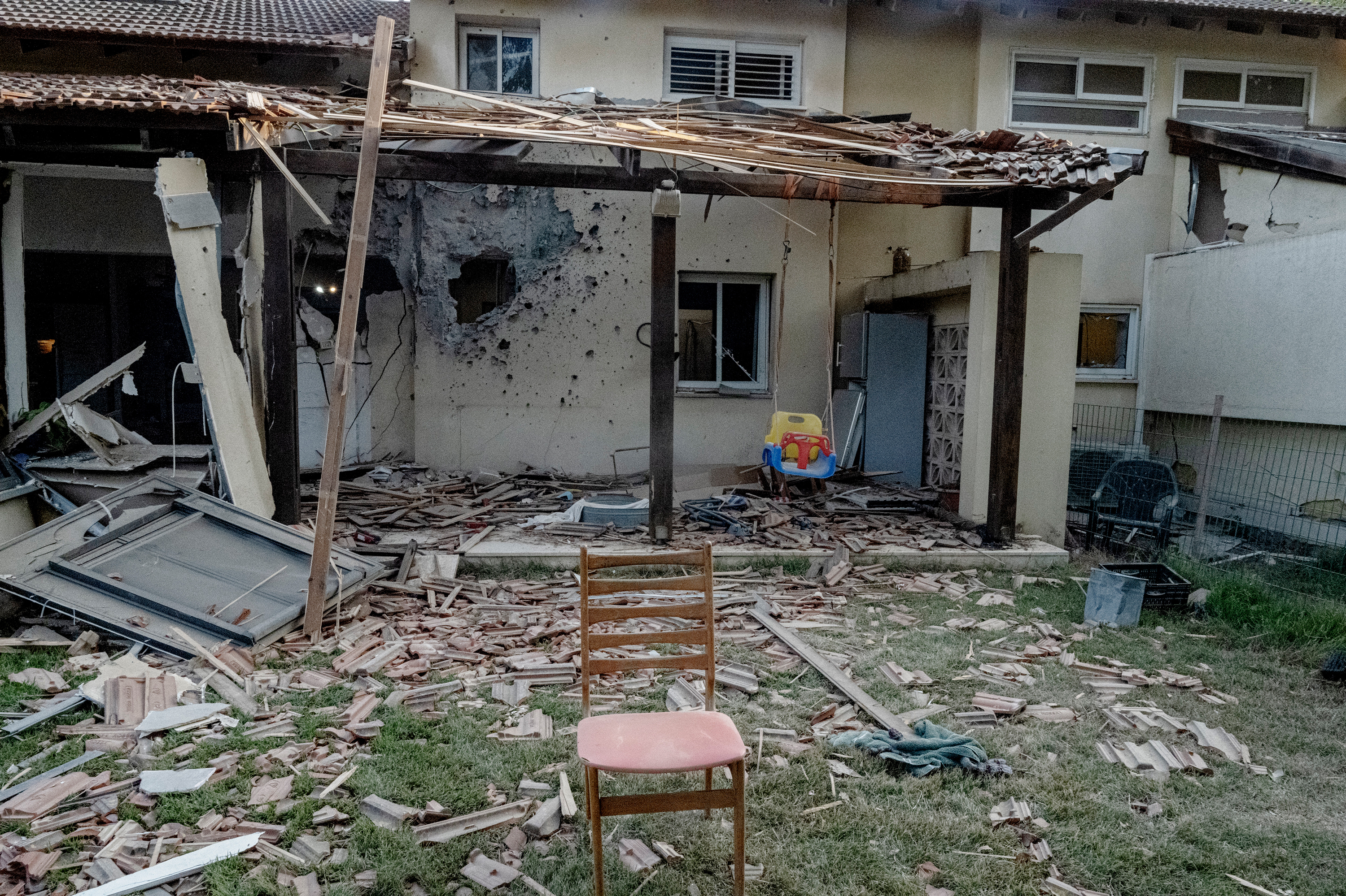 A house destroyed by Hamas in the Kfar Aza kibbutz in southern Israel about 3 miles away from the border with Gaza. (Tanya Habjouqa / NOOR for NPR)