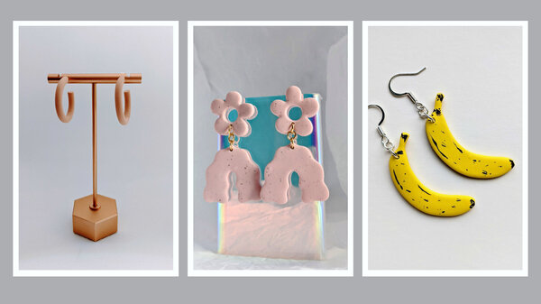 Three pairs of clay earrings created by Natalie Walters.