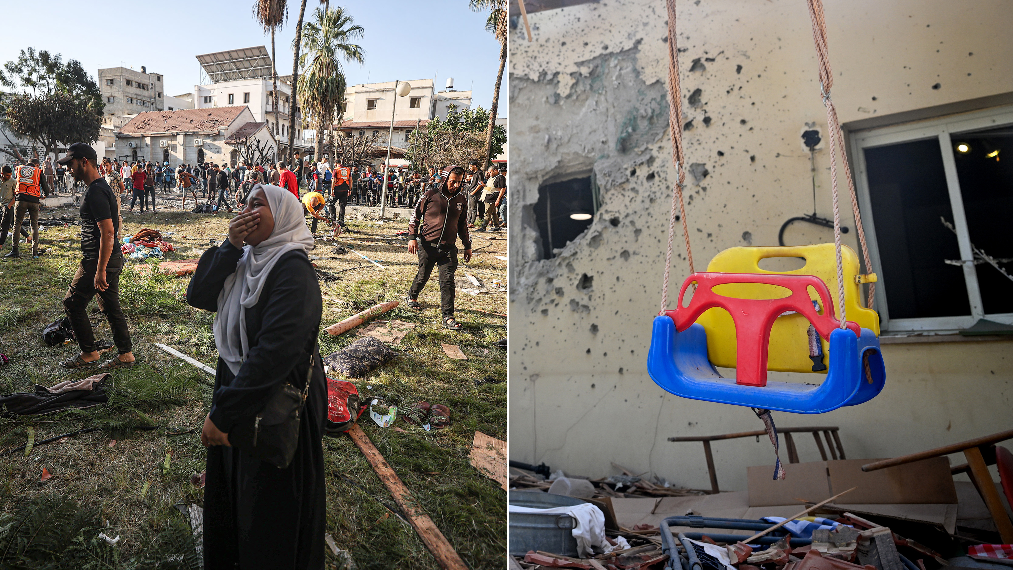 Left: A Palestinian woman cries at the garden of Al-Ahli Arabi Baptist Hospital after it was hit in Gaza City, Gaza on Oct. 18. Right: After an attack by Hamas on a kibbutz near the Gaza border, a swing is left intact while most of this family's house is in ruins. Five family members were kidnapped. (Mahmud Hams / AFP via Getty Images; Alexi J. Rosenfeld/Getty Images)