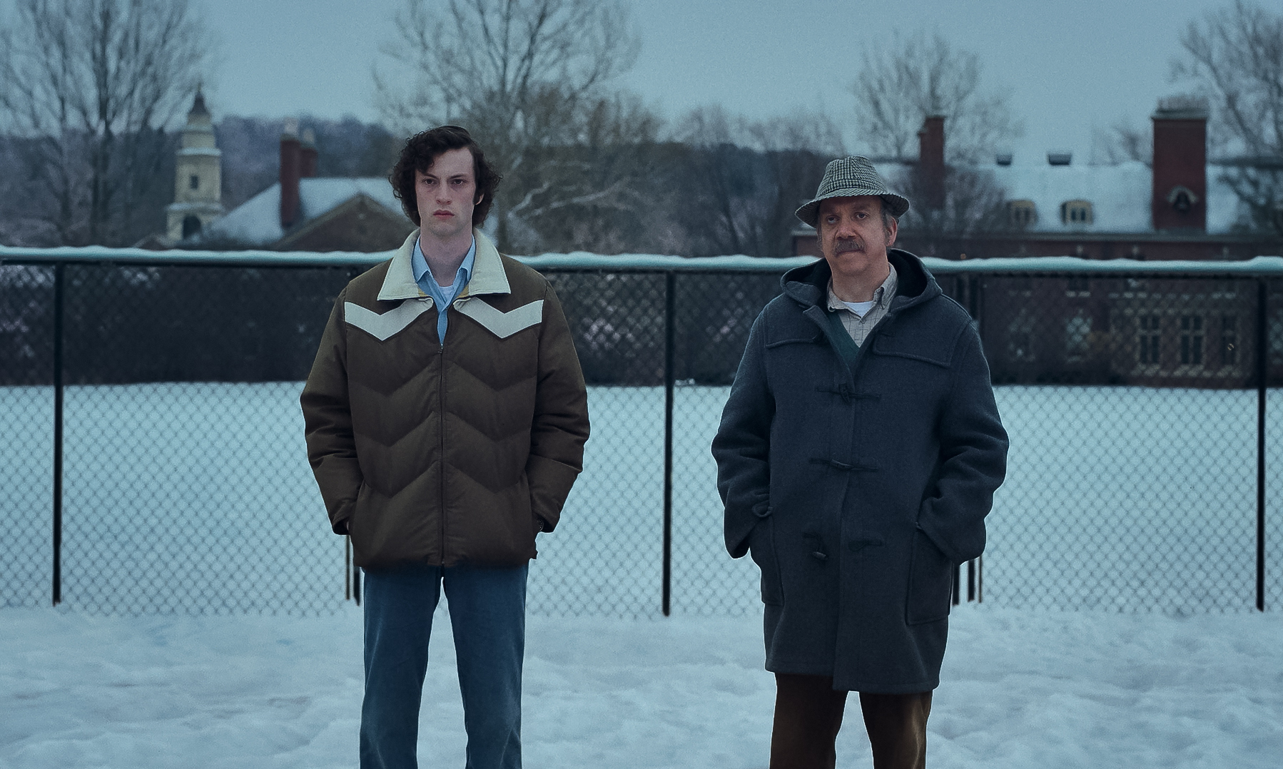 Dominic Sessa stars as Angus Tully and Paul Giamatti is Paul Hunham in Alexander Payne's <em>The Holdovers.</em> (Focus Features)