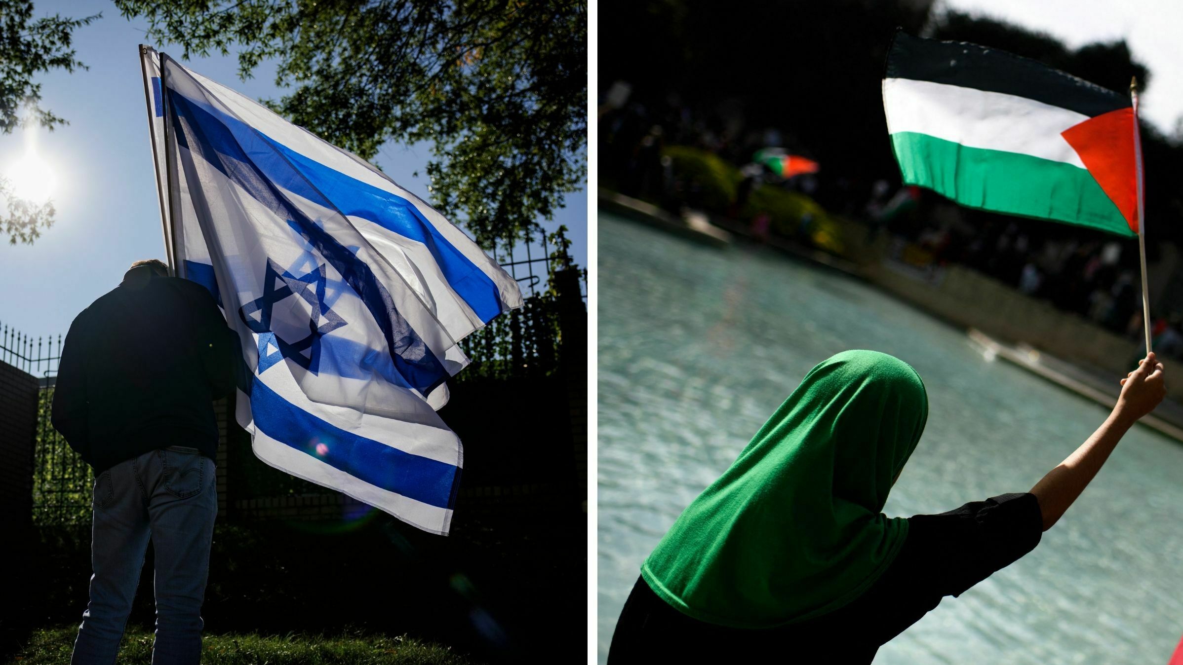 A man, left, carries two Israeli flags during a pro-Israel rally outside of the Israeli Embassy on Oct. 8, 2023, in Washington, D.C., and people, right, wave flags during a rally in support of Palestinians in Houston, Texas, on Oct. 21, 2023. (Samuel Corum/Getty Images; Mark Felix/AFP via Getty Images)