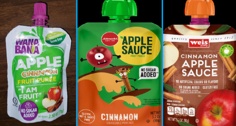 An image provided by the Food and Drug Administration shows the three recalled products: WanaBana Apple Cinnamon Fruit Puree pouches, Schnucks cinnamon-flavored applesauce pouches and variety pack and Weis cinnamon applesauce pouches.