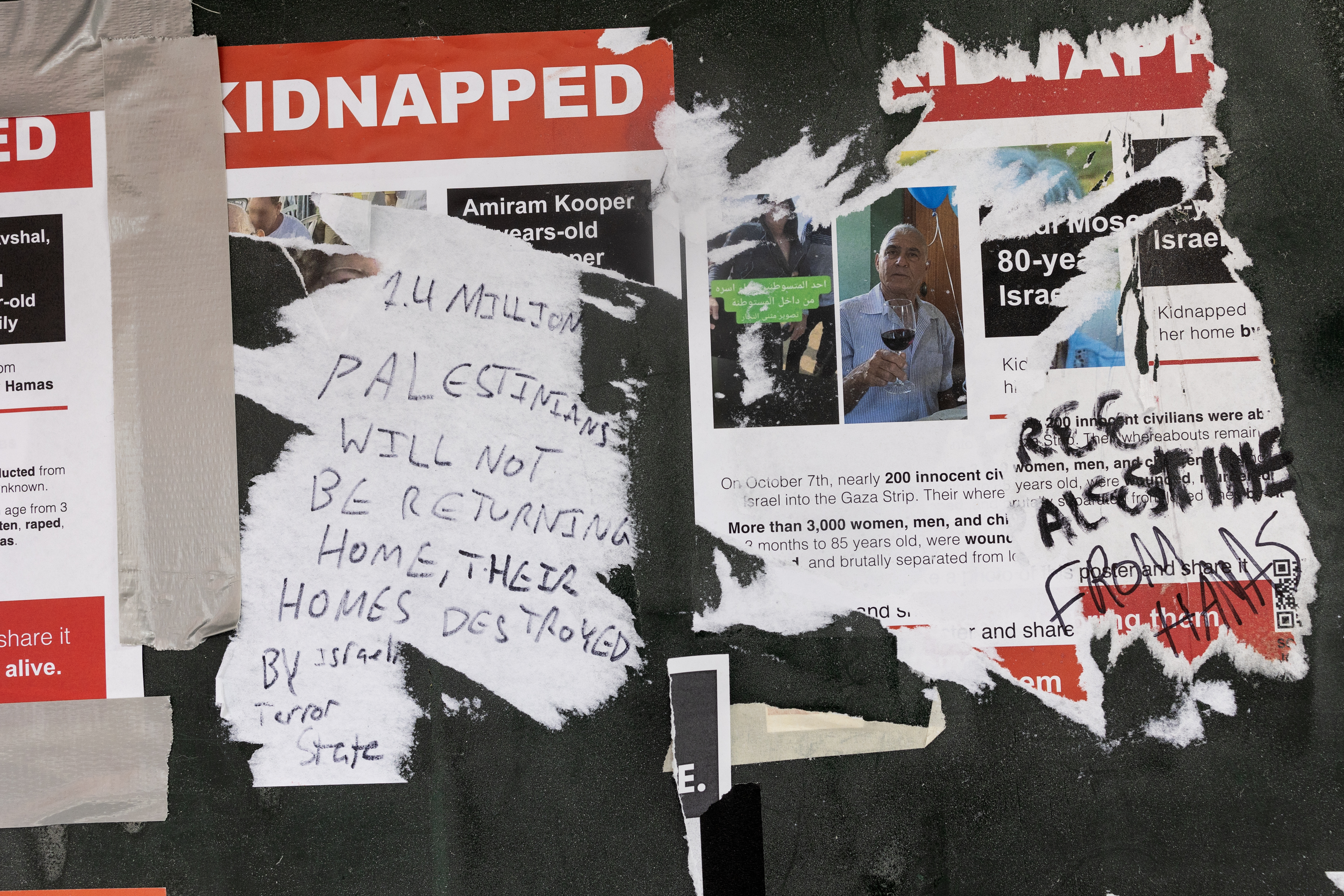 Posters hung around the New York University campus in Greenwich Village, showing people kidnapped by Hamas on Oct. 7 in Israel, are seen torn up and covered with pro-Palestinian graffiti. (Getty Images)