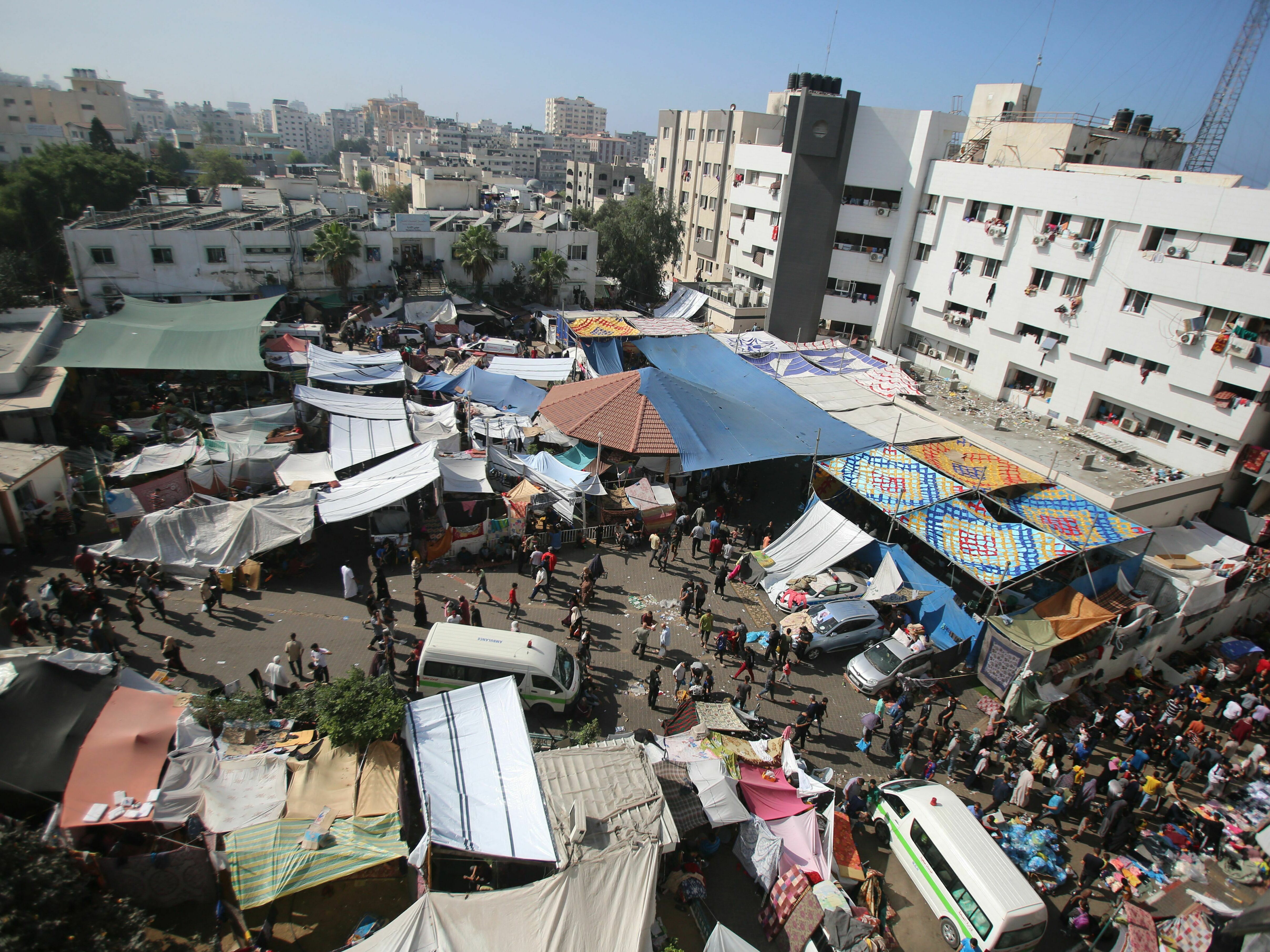 An aerial view shows the compound of Al-Shifa hospital in Gaza City on Tuesday as battles continue between Israel and Hamas. (AFP via Getty Images)