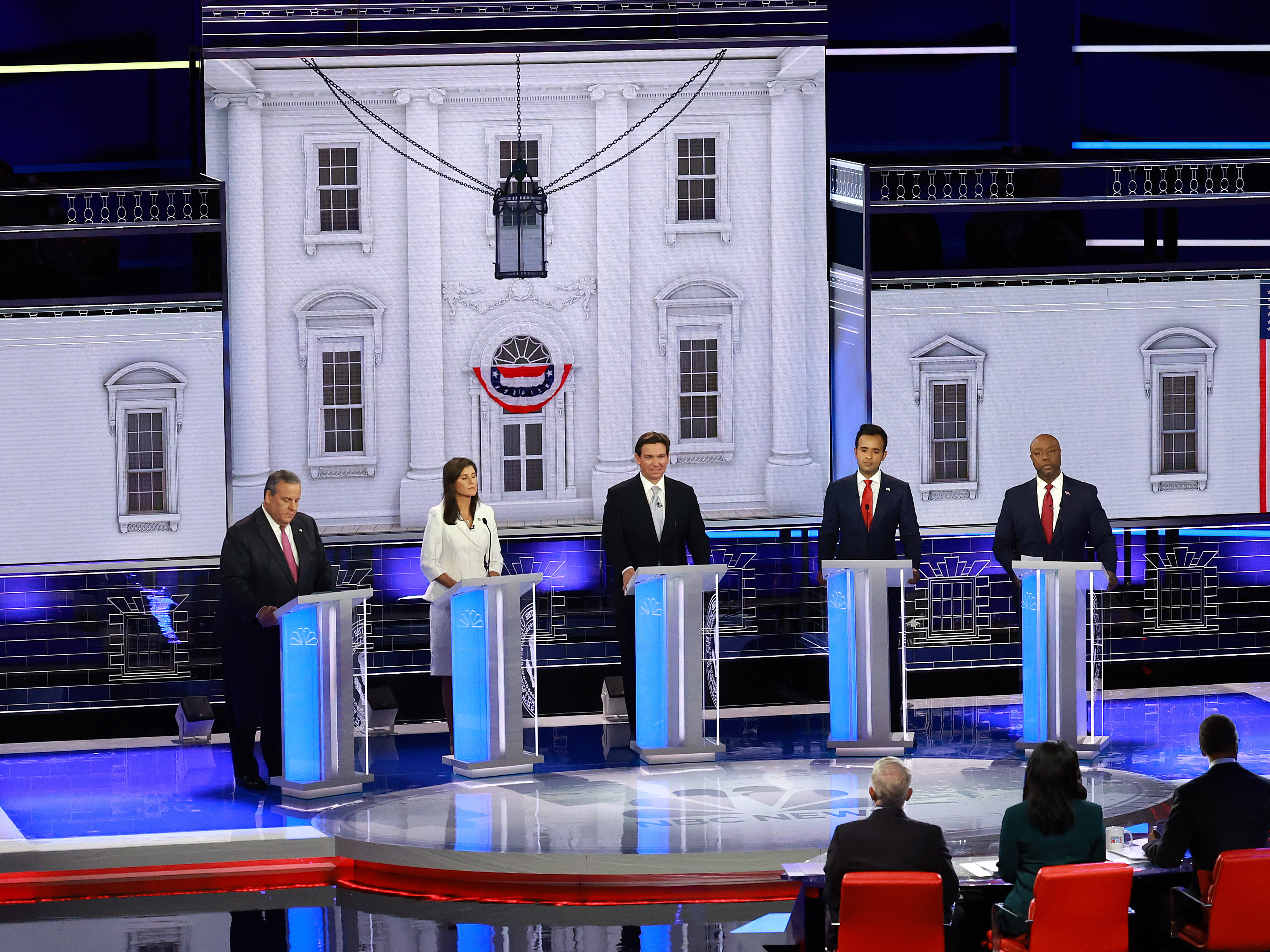 Republican presidential candidates former New Jersey Gov. Chris Christie, former U.N. Ambassador Nikki Haley, Florida Gov. Ron DeSantis, Vivek Ramaswamy and South Carolina Sen. Tim Scott participate in the NBC News Republican Presidential Primary Debate at the Adrienne Arsht Center for the Performing Arts of Miami-Dade County on Thursday in Miami. (Getty Images)