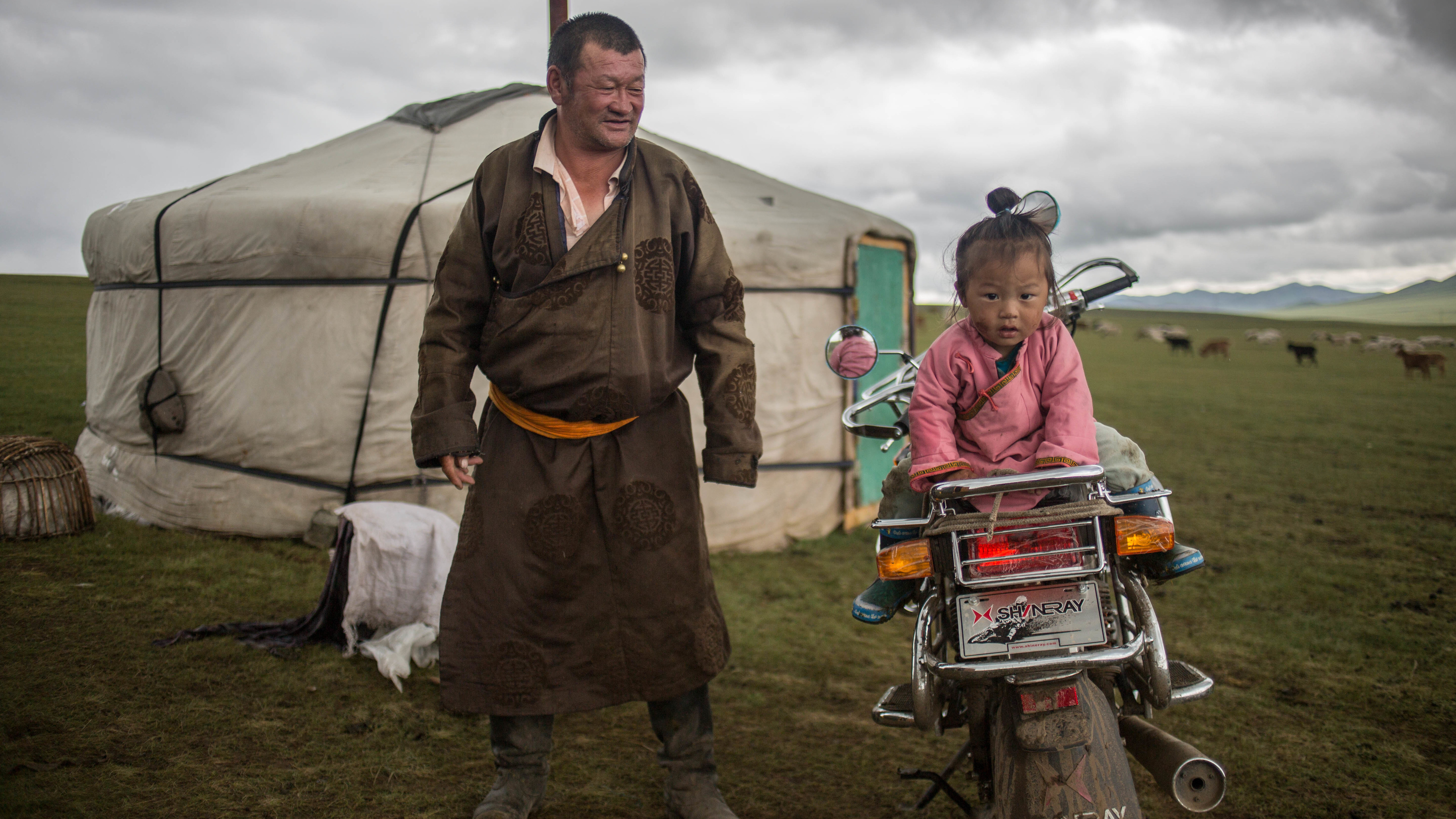 Grandfather and granddaughter outside the family ger â or yurt. A study of Mongolians studied living in gers showed higher rates of satisfaction than those living in urban housing, a finding the authors relate to the Mongolian emphasis on nature and freedom.