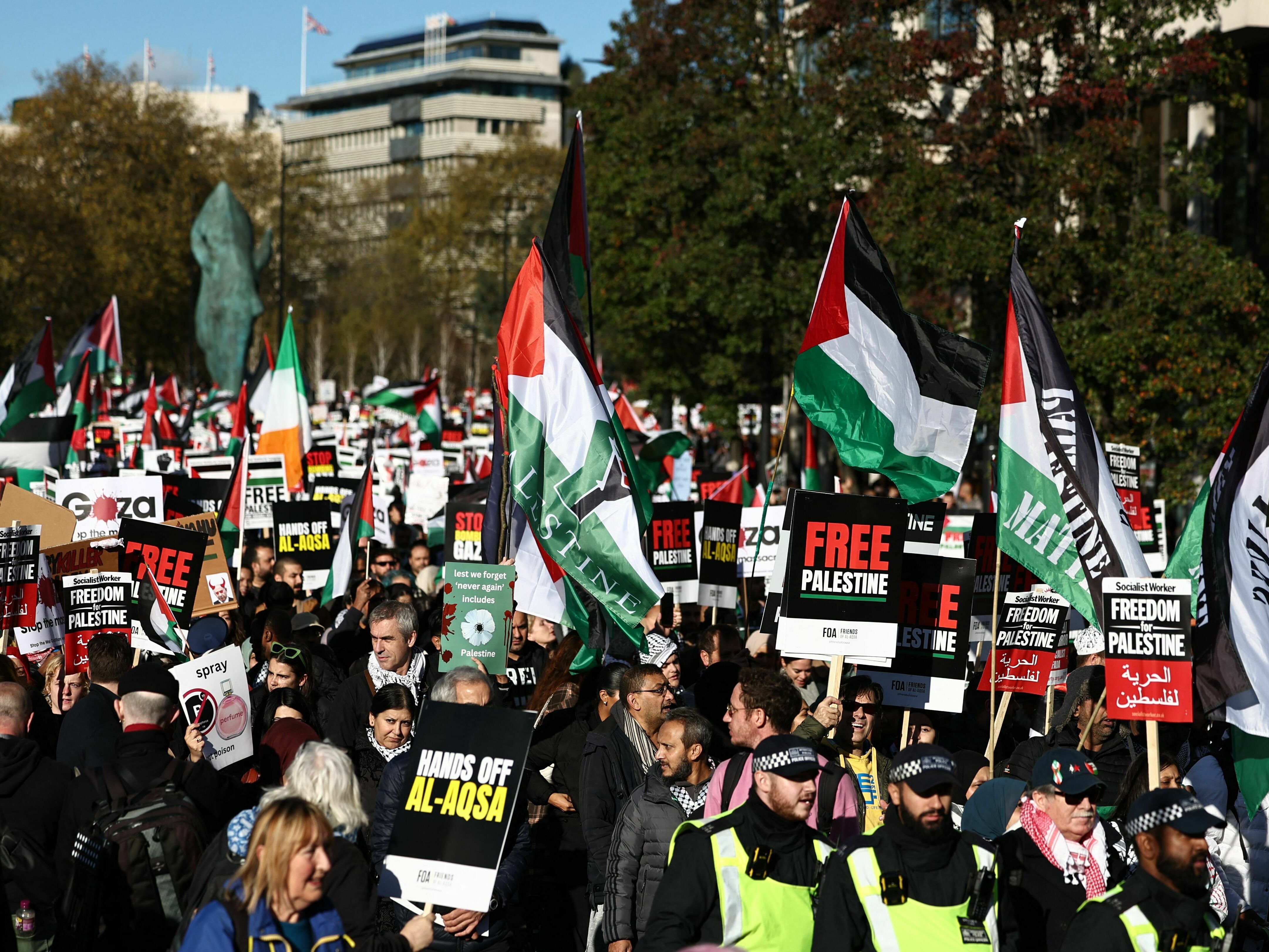 Protesters march in central London on Saturday, calling for a cease-fire in the conflict between Israel and Hamas. (AFP via Getty Images)