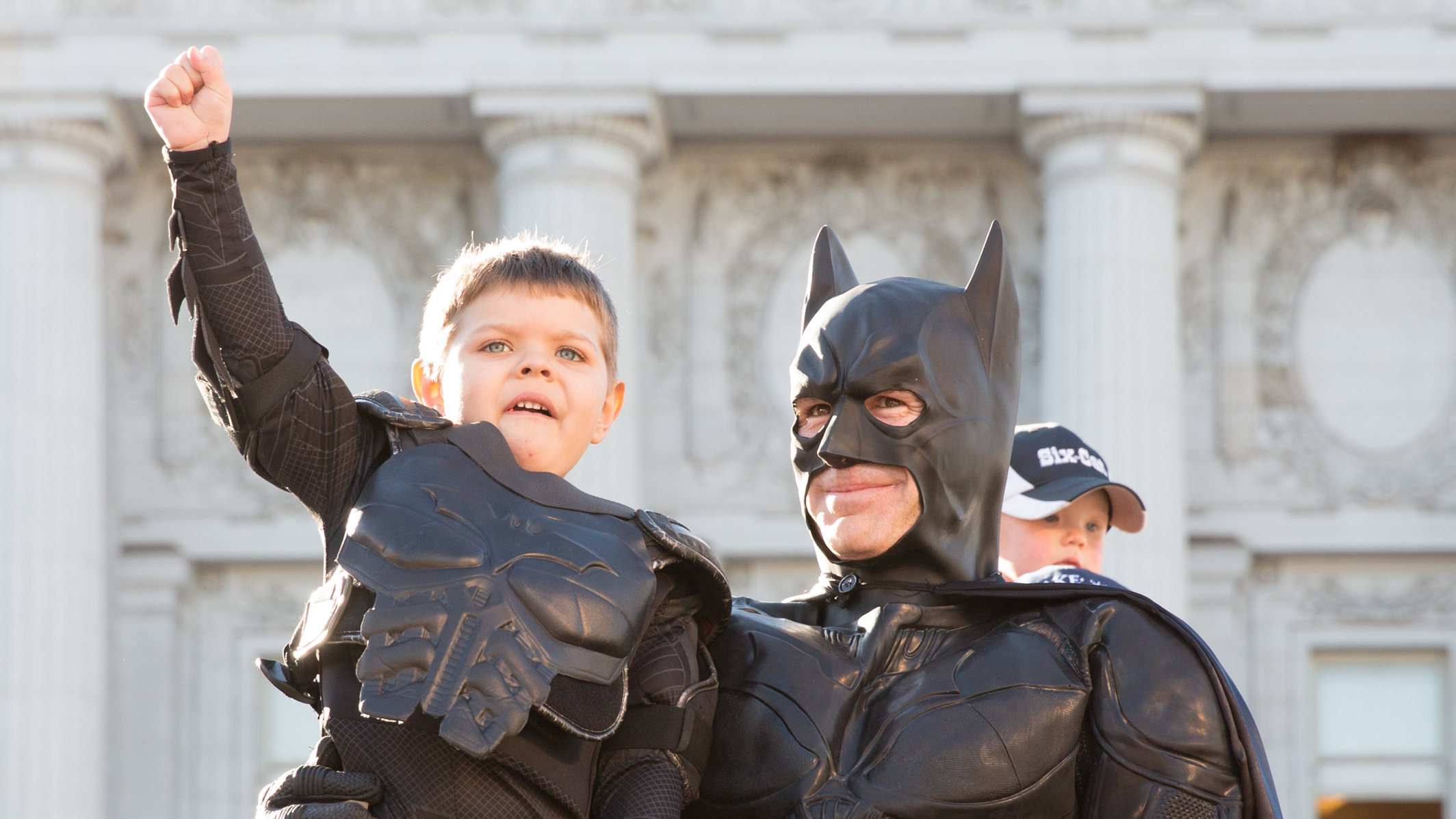 Batkid Miles Scott, center, received a key to the city from San Francisco Mayor Ed Lee, left, on Nov. 15, 2023.