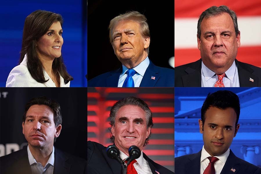 From left to right: former U.N. Ambassador Nikki Haley, former President Donald Trump, former New Jersey Gov. Chris Christie, Florida Gov. Ron DeSantis, North Dakota Gov. Doug Burgum and Vivek Ramaswamy. Republican candidates continue to be pressed on abortion rights on the campaign trail. (Joe Raedle/Getty Images; Brandon Bell/Getty Images; Michael M. Santiago/Getty Images; Scott Olson/Getty Images; Justin Sullivan/Getty Images)