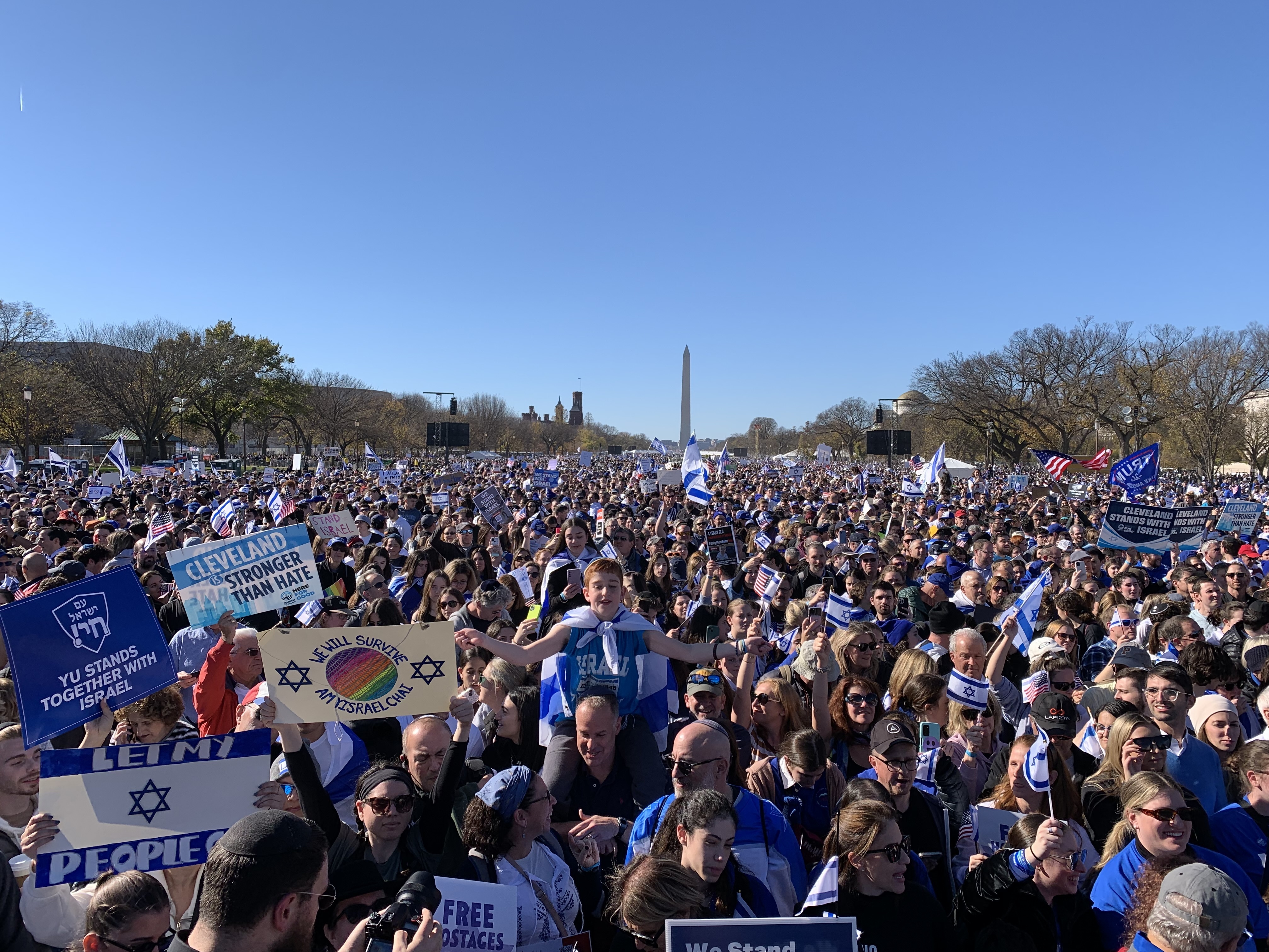 Tens of thousands of demonstrators gathered on the National Mall in Washington, D.C. on Tuesday for a pro-Israel march demanding the release of hostages being held in Gaza. (NPR)