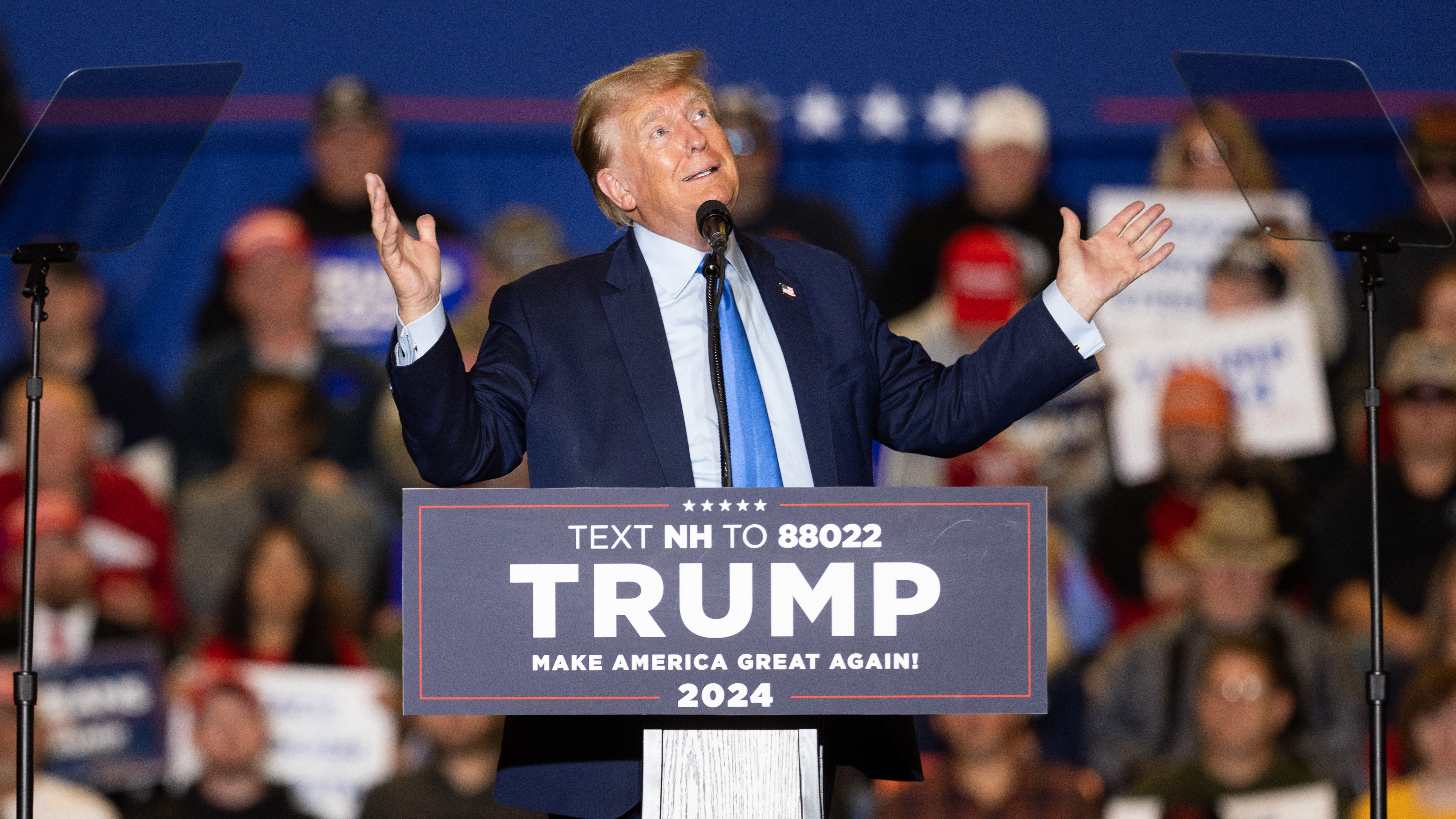 Republican presidential candidate former President Donald Trump delivers remarks during a campaign event on November 11, 2023 in Claremont, New Hampshire. (Getty Images)