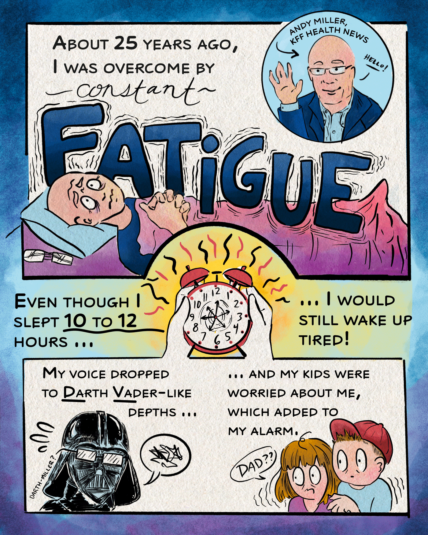 The panel reads &quot;about 25 years ago, I was overcome by constant fatigue,&quot; and shows him exhausted, lying in bed. The following panel reads, &quot;even though I slept 10 to 12 hours a night, I would still wake up tired!&quot; and shows him holding an alarm clock with spinning hands. &quot;My voice dropped to Darth Vader-like depths ... and my kids were worried about me, which added to my alarm.&quot;