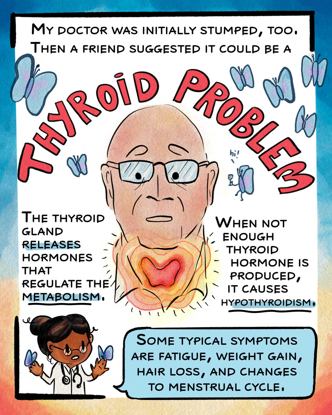 "My doctor was initially stumped, too. Then a friend suggested it could be a..." and leads into a large arc of text that says, "thyroid problem" above a drawing of Miller's neck and head. The thyroid, a butterfly-shaped gland in the neck, is highlighted. "The thyroid gland releases hormones that regulate metabolism. When not enough thyroid hormone is produced, it causes hypothyroidism."