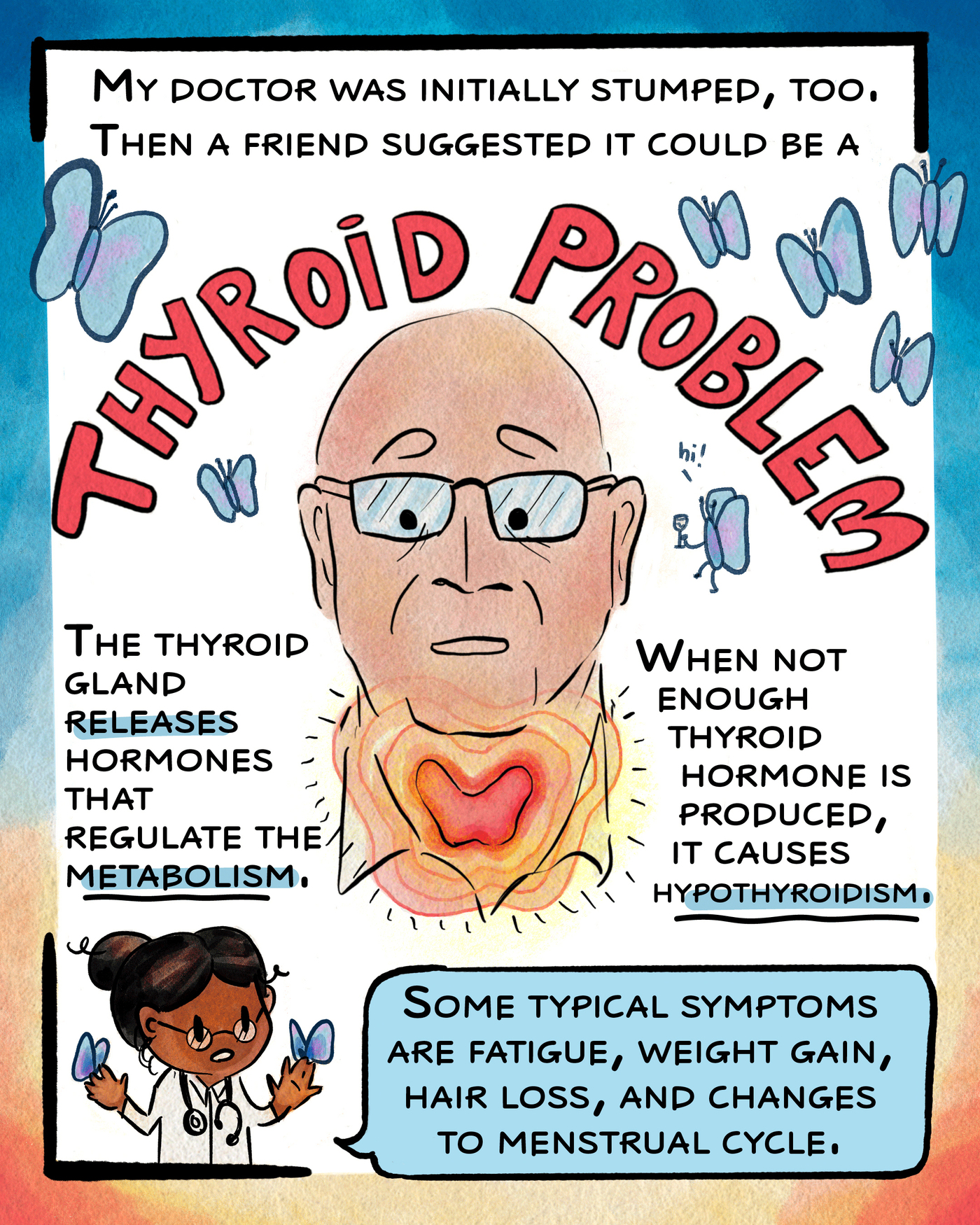 &quot;My doctor was initially stumped, too. Then a friend suggested it could be a...&quot; and leads into a large arc of text that says, &quot;thyroid problem&quot; above a drawing of Miller&#039;s neck and head. The thyroid, a butterfly-shaped gland in the neck, is highlighted. &quot;The thyroid gland releases hormones that regulate metabolism. When not enough thyroid hormone is produced, it causes hypothyroidism.&quot;