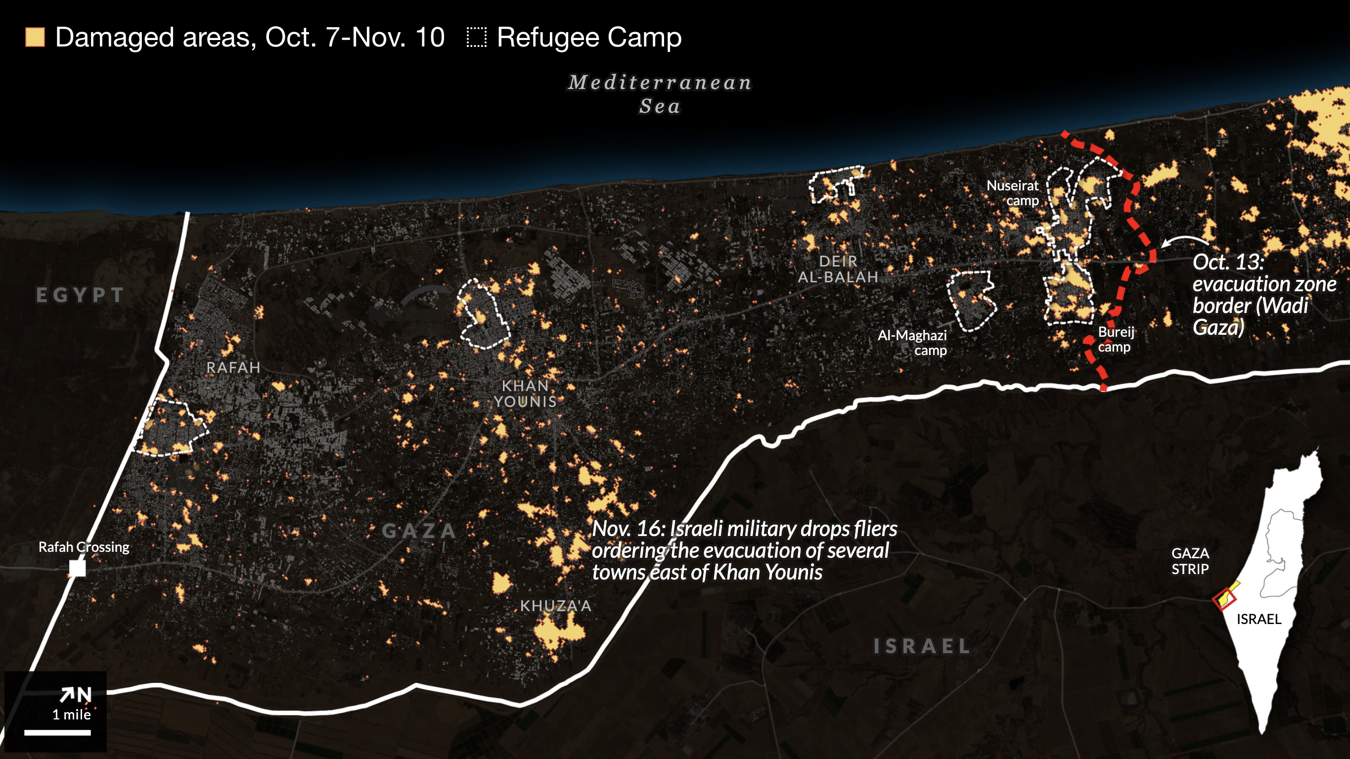 Map showing damage to southern and middle Gaza since Oct. 7.