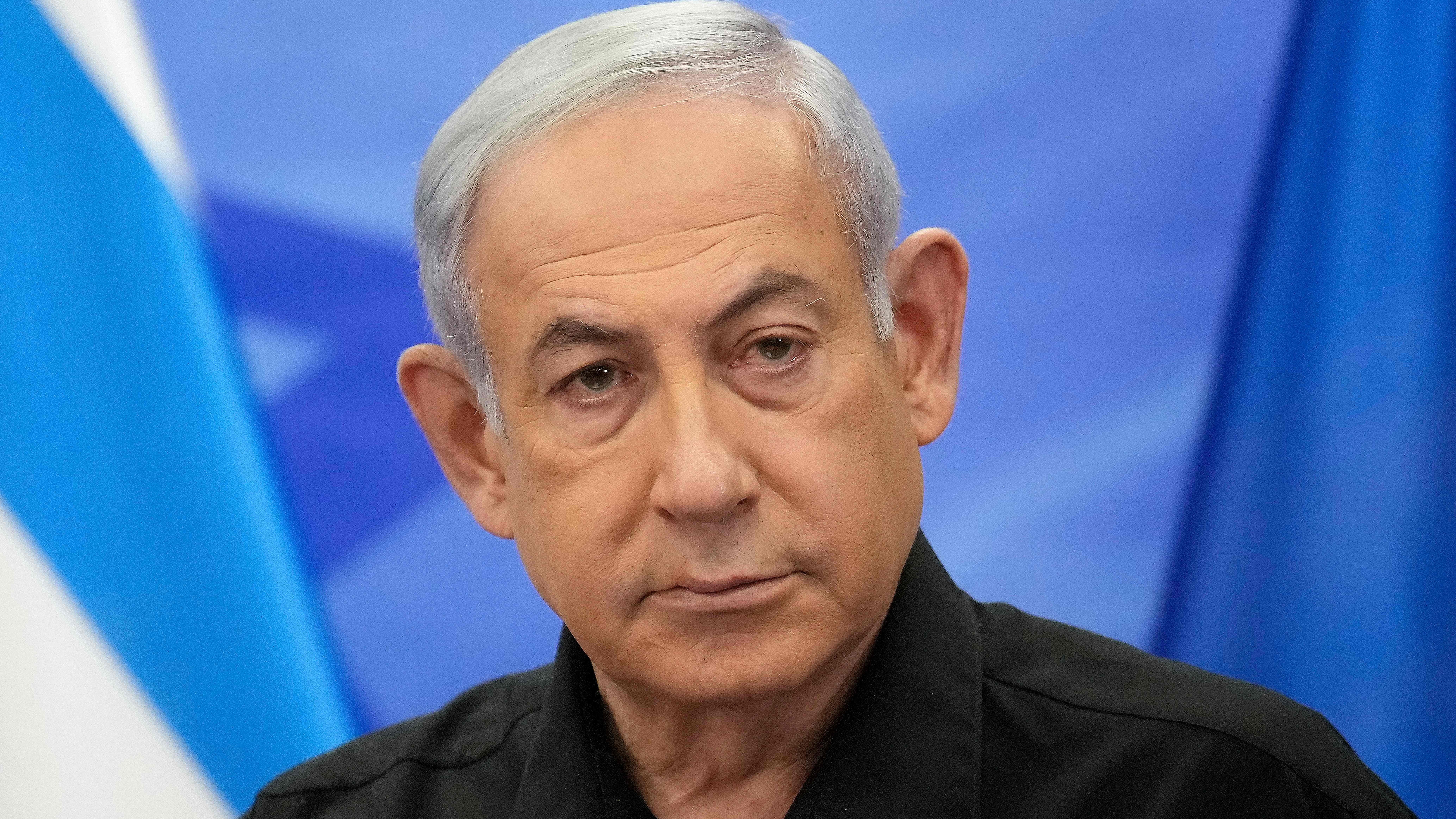 Israeli Prime Minister Benjamin Netanyahu addresses media during a joint press conference with French President in Jerusalem on October 24, 2023.