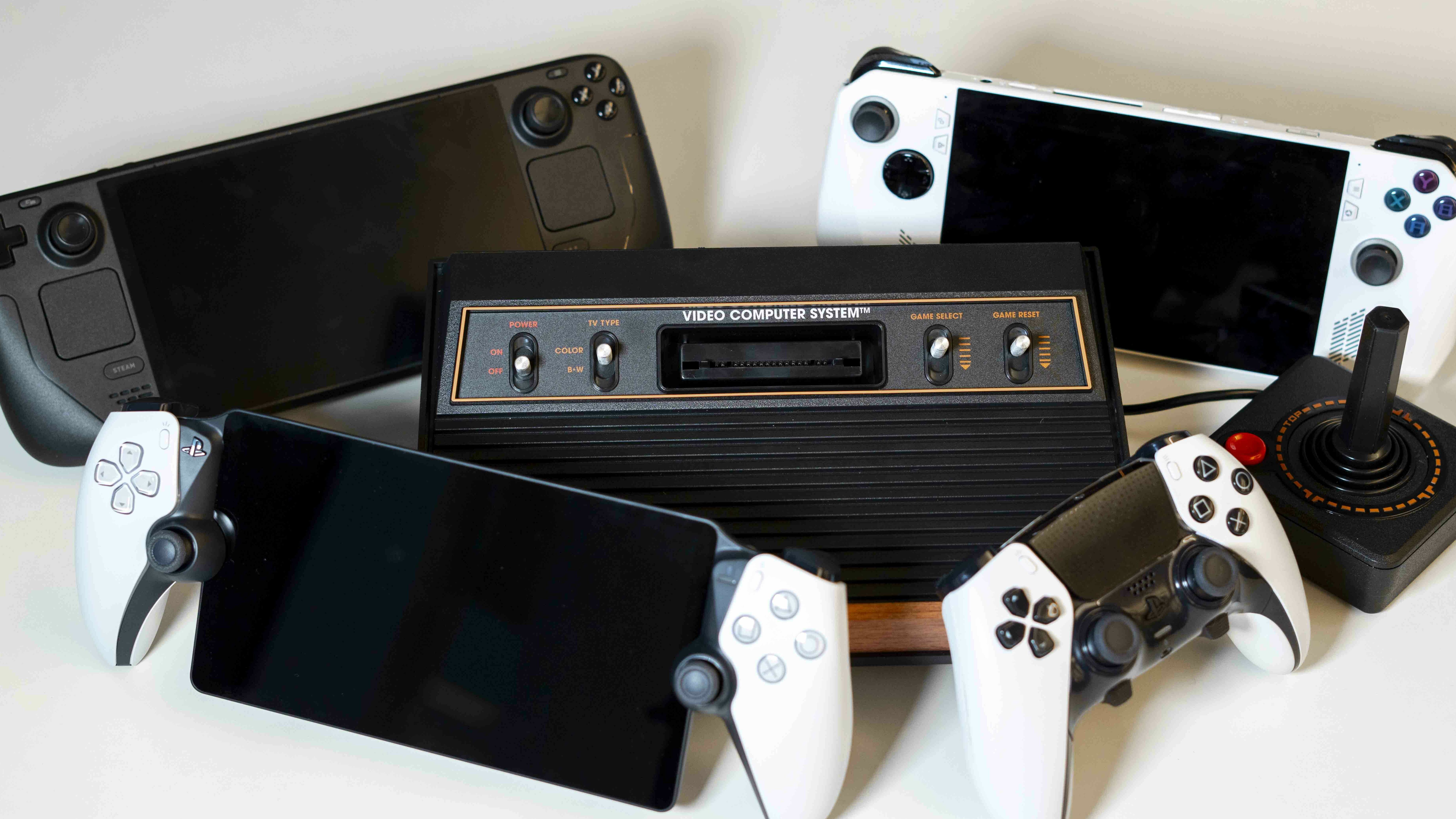 From left to right, top to bottom: the Steam Deck OLED, ASUS Rog Ally, Atari 2600+, PlayStation Portal, and DualSense Edge Controller.