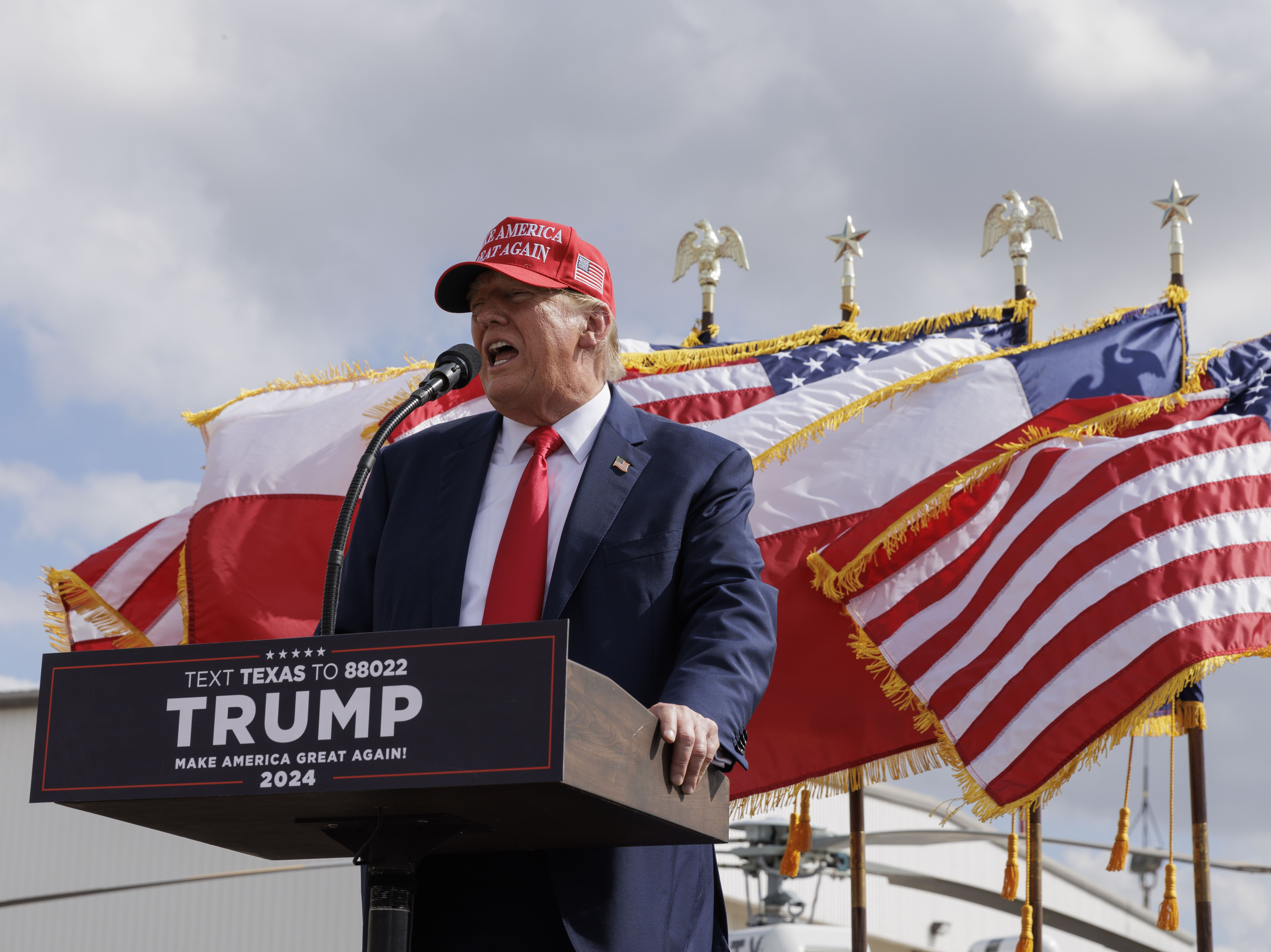 Former President Donald Trump gives remarks at the South Texas International airport on November 19, 2023 in Edinburg, Texas. (Getty Images)