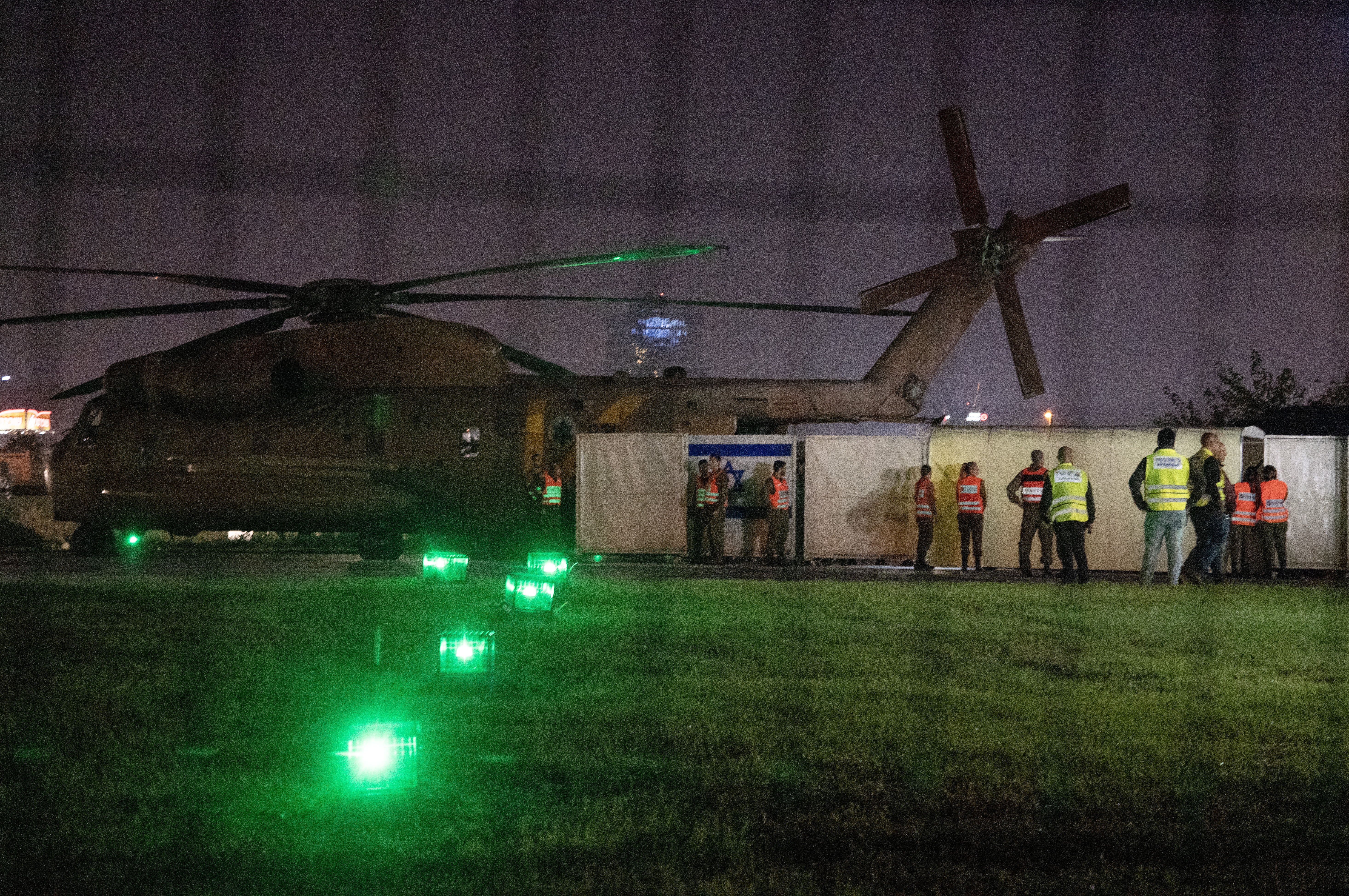 Released Israeli hostages are brought to Schneider Hospital via helicopter in Petah Tikvah, Israel.