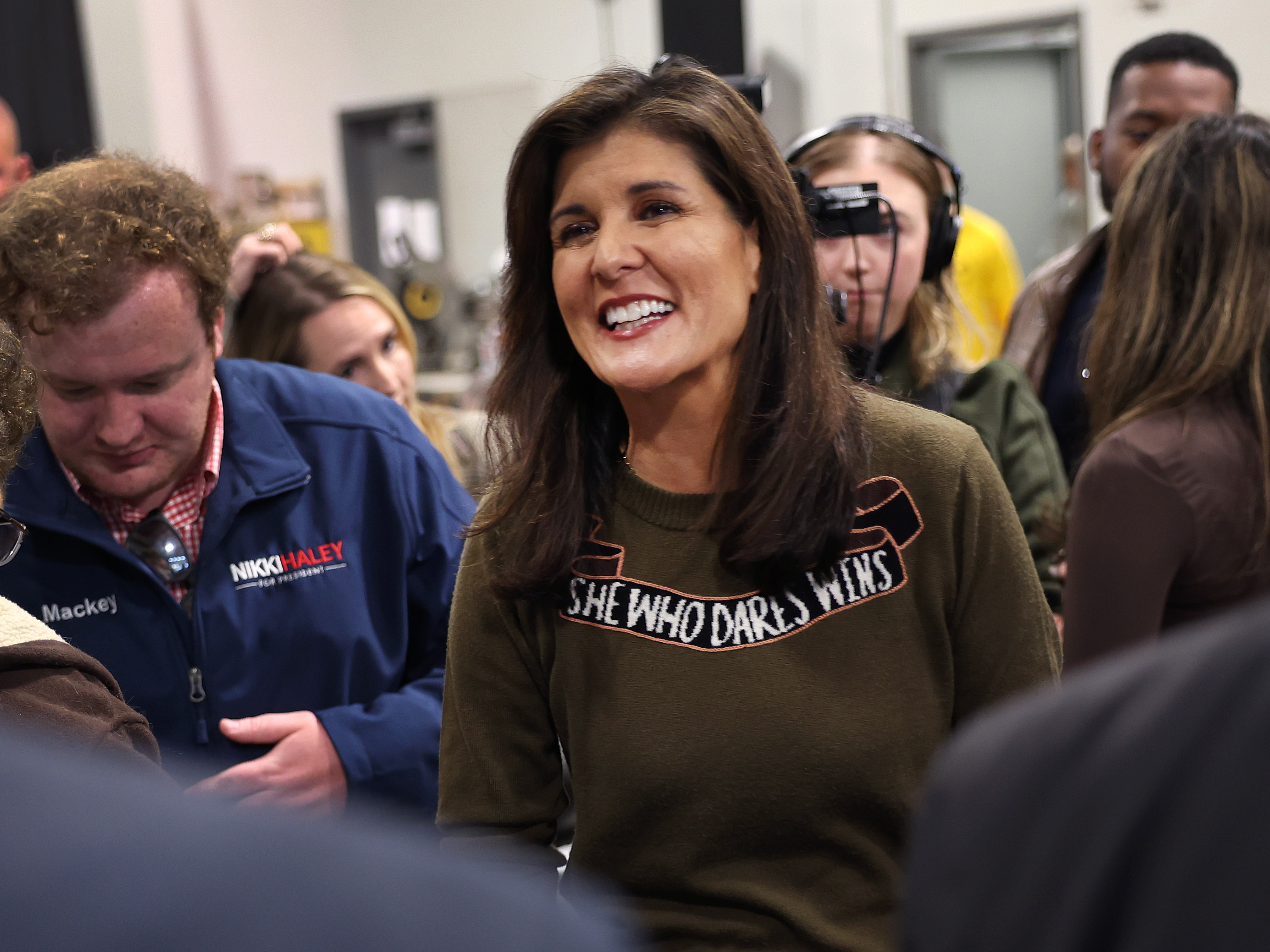 Republican presidential candidate former U.N. Ambassador Nikki Haley greets guests at the third annual MMM Tailgate celebration hosted by U.S. Rep. Mariannette Miller-Meeks (R-IA) on October 20, 2023 in Iowa City, Iowa. (Getty Images)