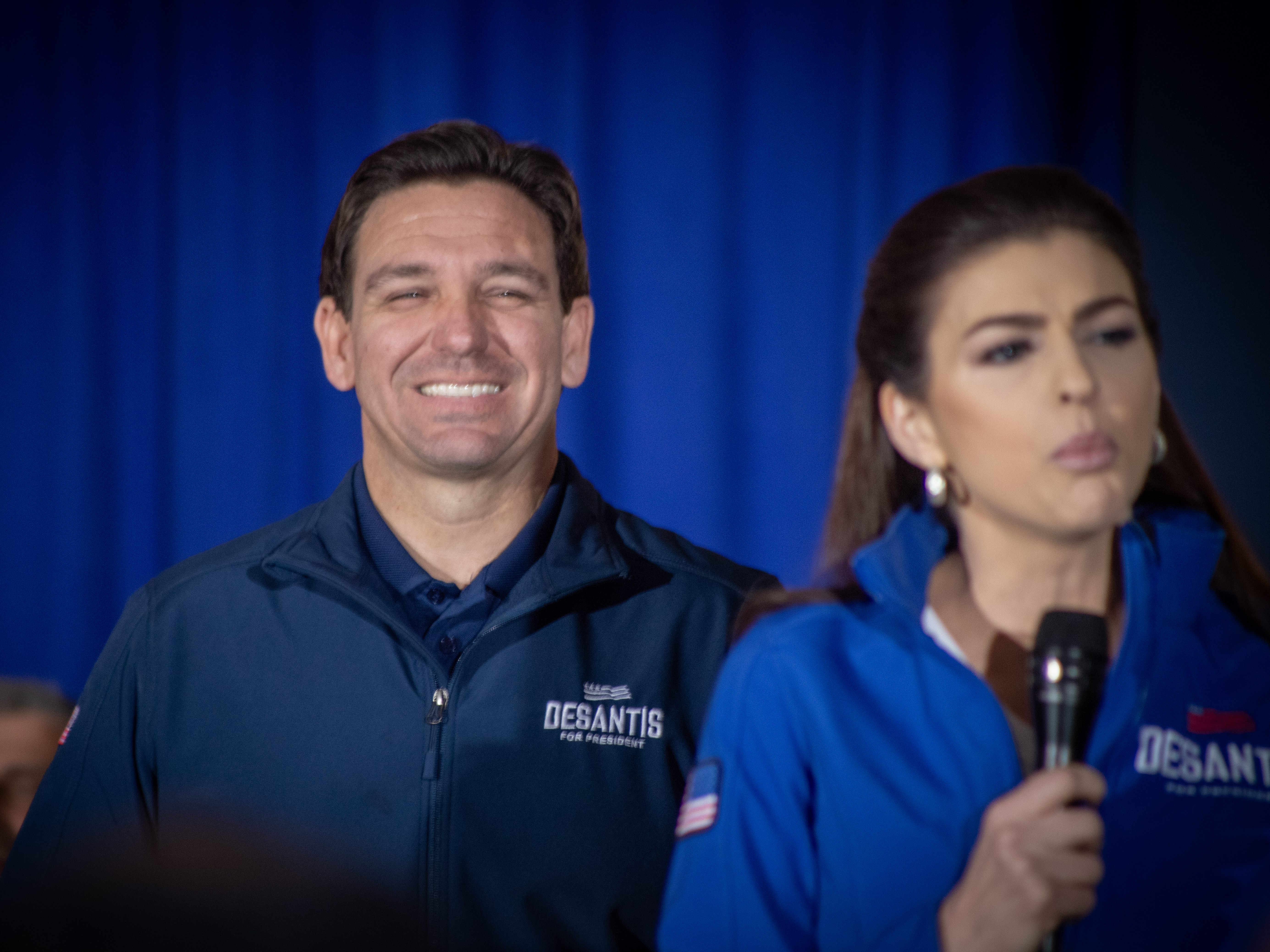 Trump and DeSantis display different campaign styles in competing visits to Iowa 2 Florida Gov. Ron DeSantis looks on with a smile while his wife Casey DeSantis speaks to a crowd in Newton, Iowa following DeSantis's final county of his 99 county tour ahead of Iowa's caucuses.