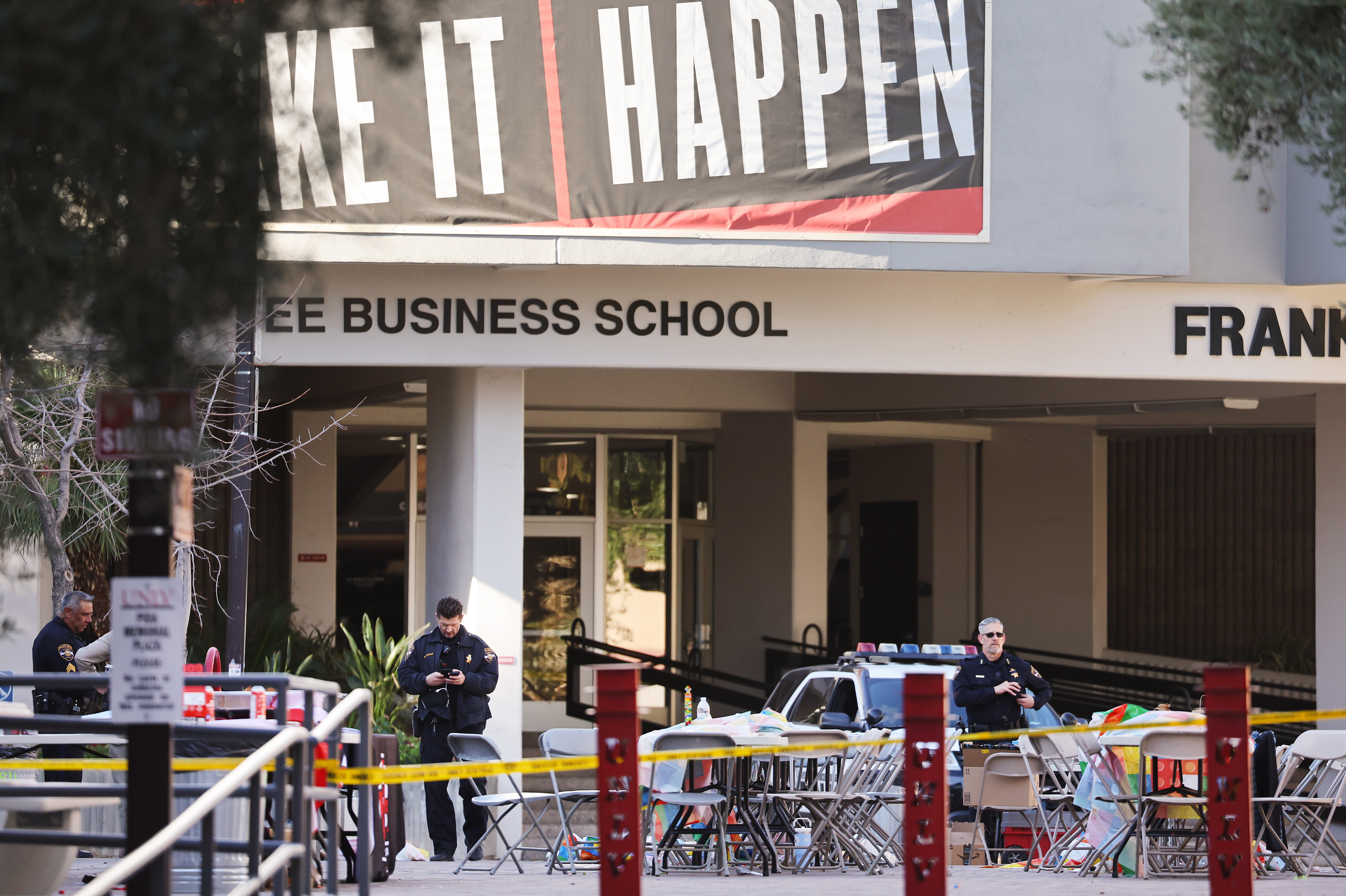 3 UNLV faculty members were killed in the Las Vegas campus shooting 1 Police officers keep watch Thursday near the scene outside Frank and Estella Beam Hall, where the Lee Business School is located, the morning after a shooting left three dead at the University of Nevada, Las Vegas campus.