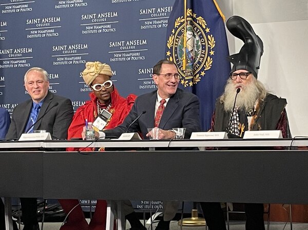 The Lesser-Known Candidate Forum featured 20 of the people who will be on the New Hampshire primary ballot, including (l to r) Donald Picard, Paperboy Love Prince, Richard Rist and Vermin Supreme.