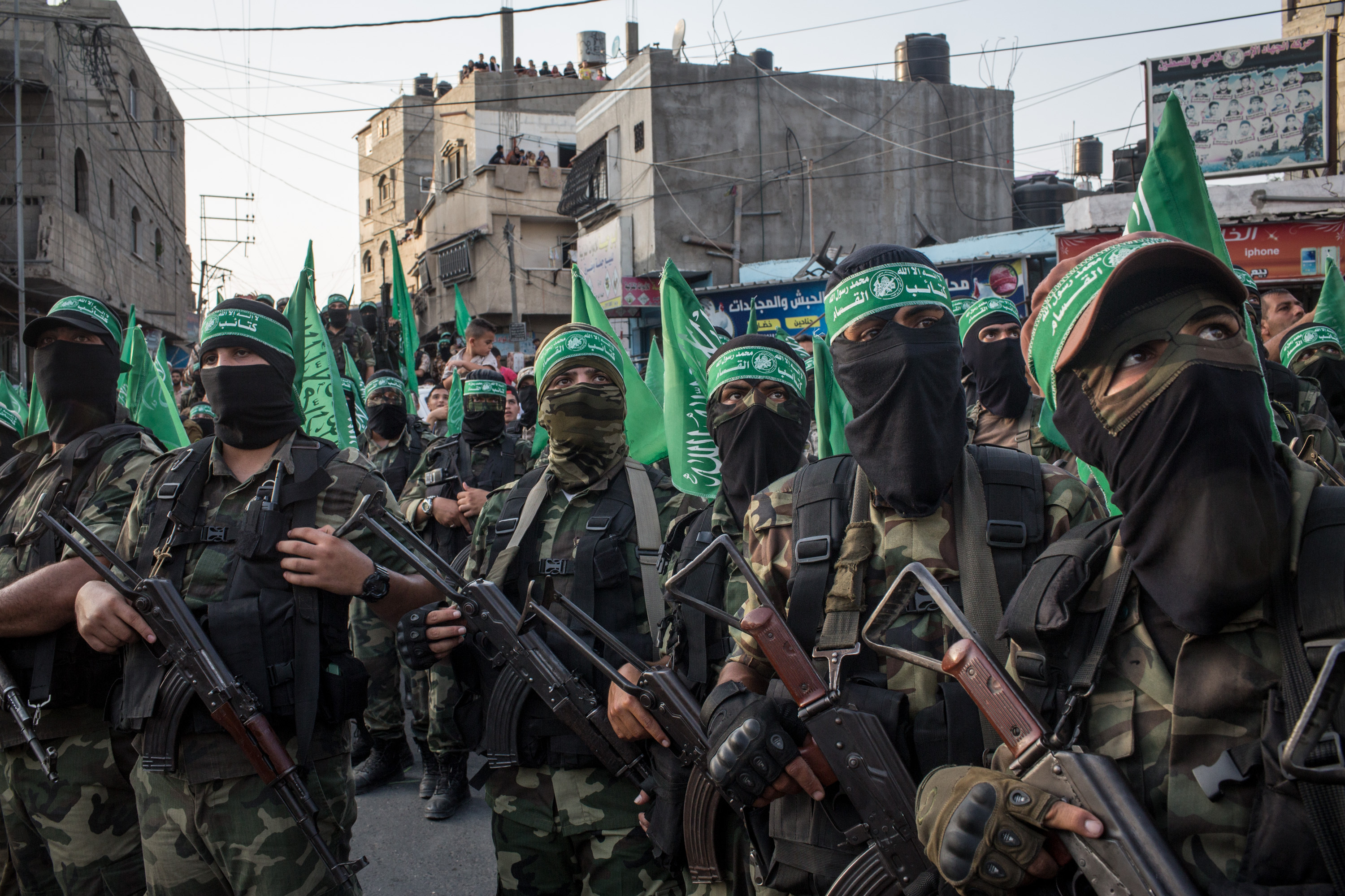 Palestinian Hamas militants are seen during an event in the Bani Suheila district of Gaza City, Gaza Strip, on July 20, 2017. (Getty Images)