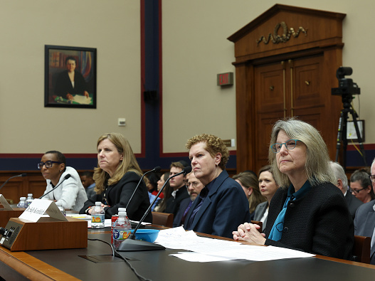 From left, Claudine Gay, president of Harvard University; Liz Magill, president of University of Pennsylvania; Pamela Nadell, professor of history and Jewish studies at American University; and Sally Kornbluth, president of Massachusetts Institute of Technology, testify before the House Education and Workforce Committee on Dec. 5 in Washington, D.C. (Getty Images)
