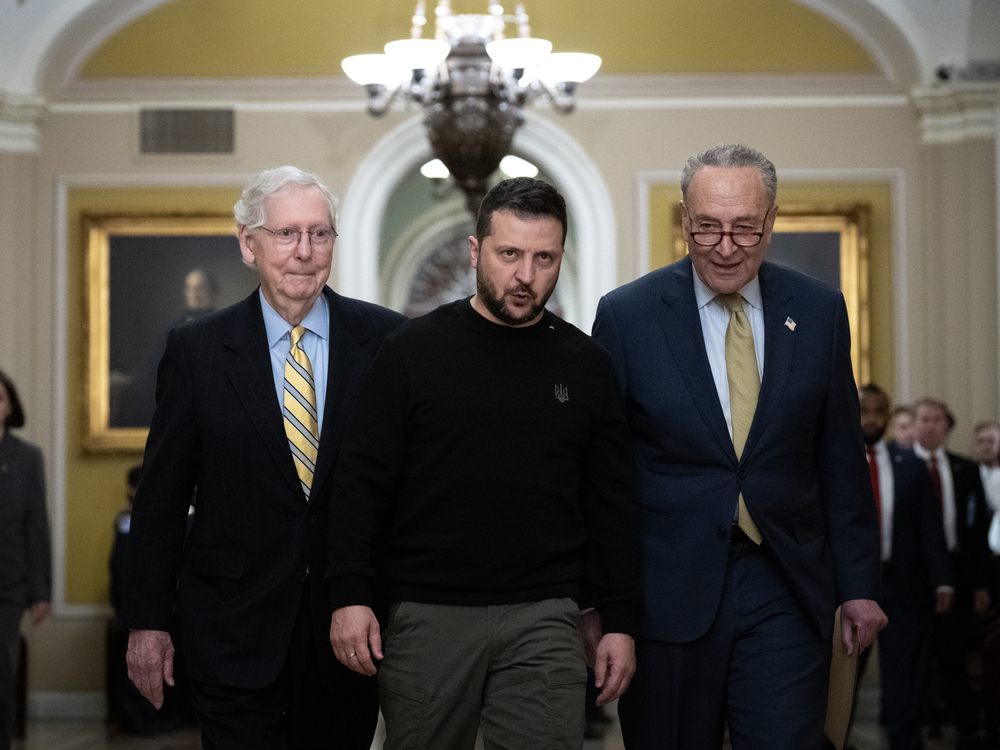 Ukrainian President Volodymyr Zelensky met with Senate Minority Leader Mitch McConnell, Majority Leader Chuck Schumer and others in Congress to ask for more aid for his country's war against Russia. (Getty Images)