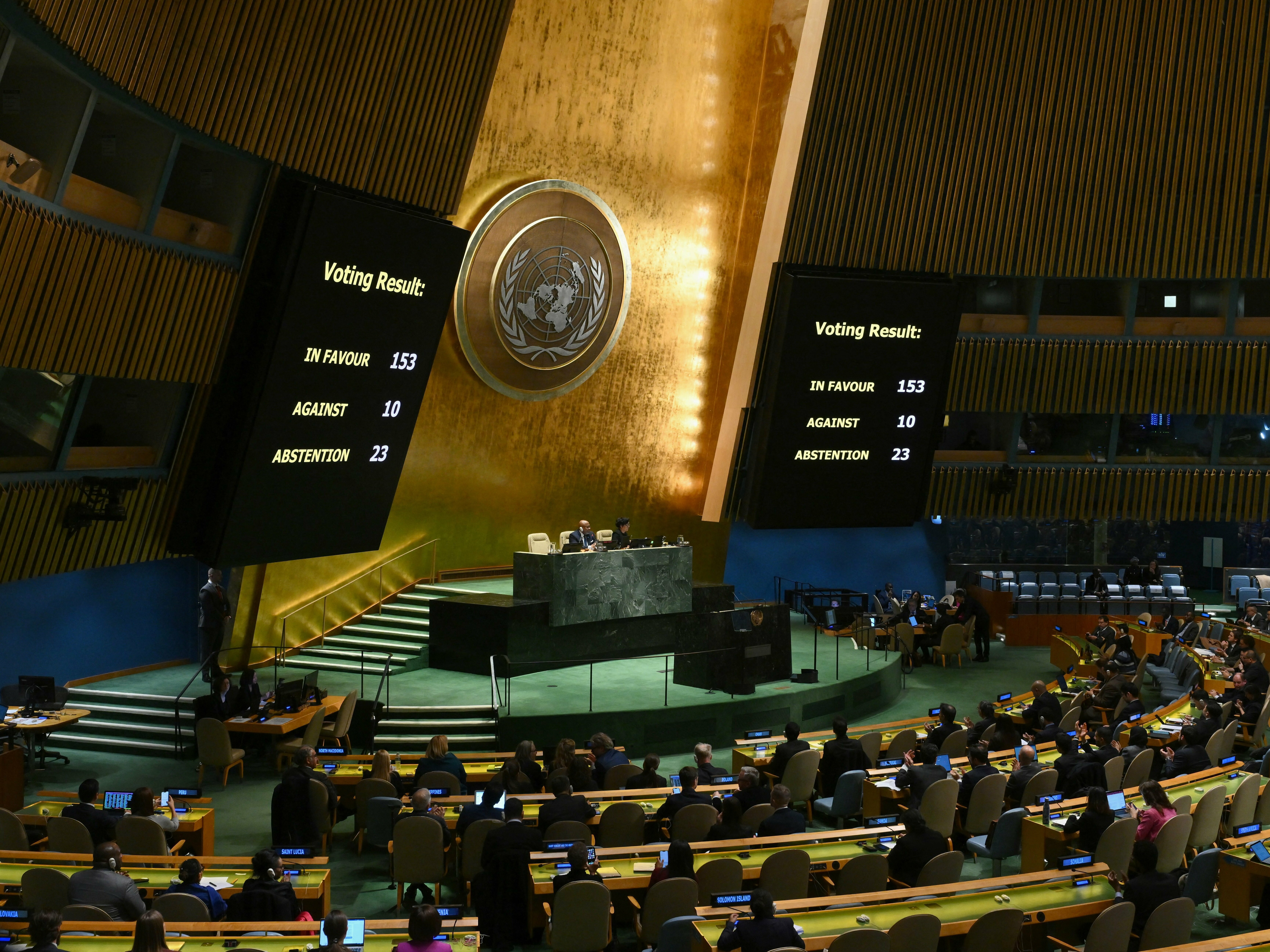 A general view shows voting results during a United Nations General Assembly meeting to vote on a non-binding resolution demanding &quot;an immediate humanitarian ceasefire&quot; in Gaza. (AFP via Getty Images)