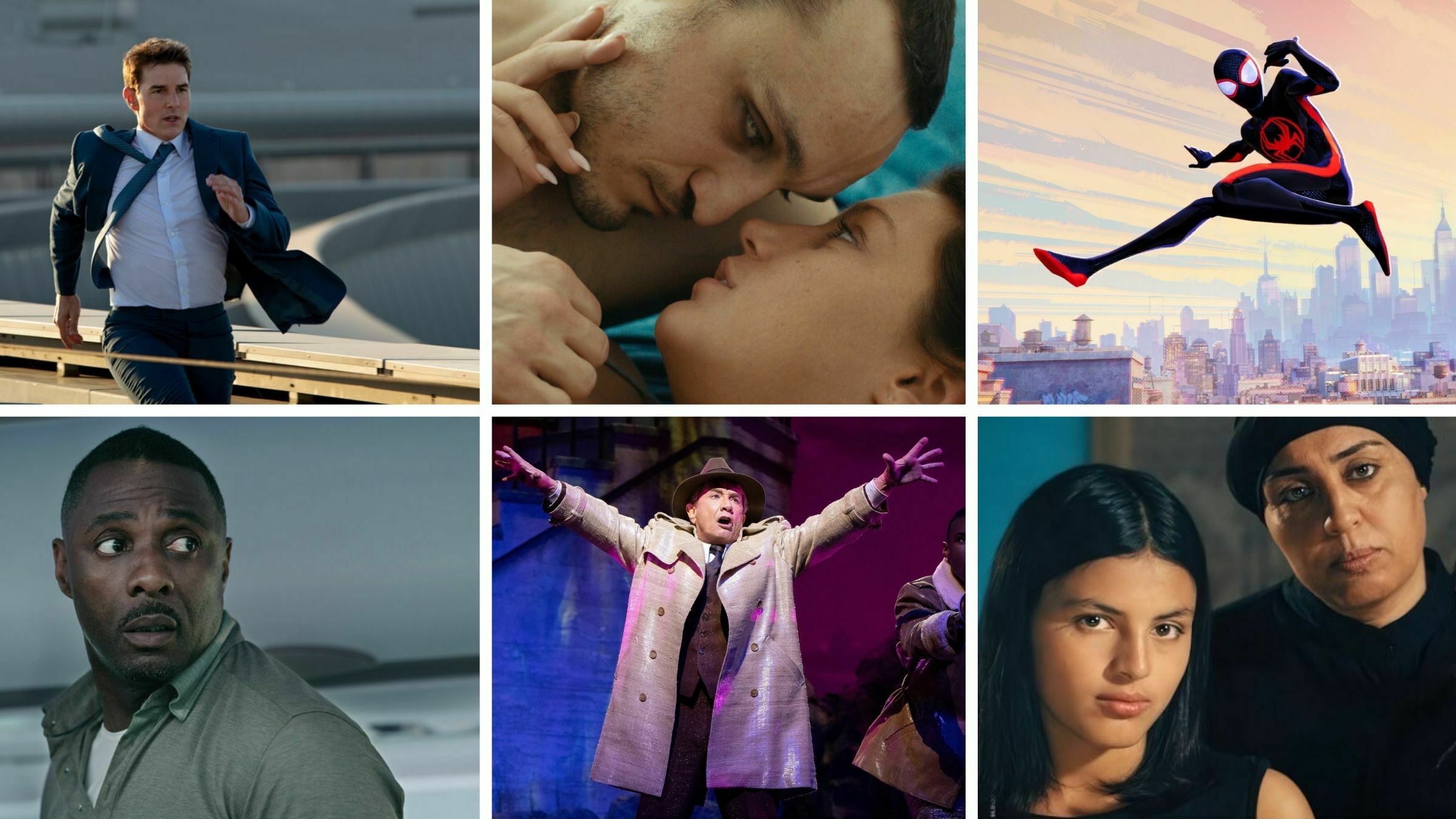 Clockwise from top left: <em>Mission: Impossible — Dead Reckoning Part One</em>, <em>Passages</em>,<em> Spider-Man: Across the Spider-Verse</em>,<em> Four Daughters</em>,<em> Only Murders in the Building</em>,<em> Hijack</em> (Paramount Pictures; MUBI; Sony Pictures; Jour2Fête; Hulu; Apple TV+)