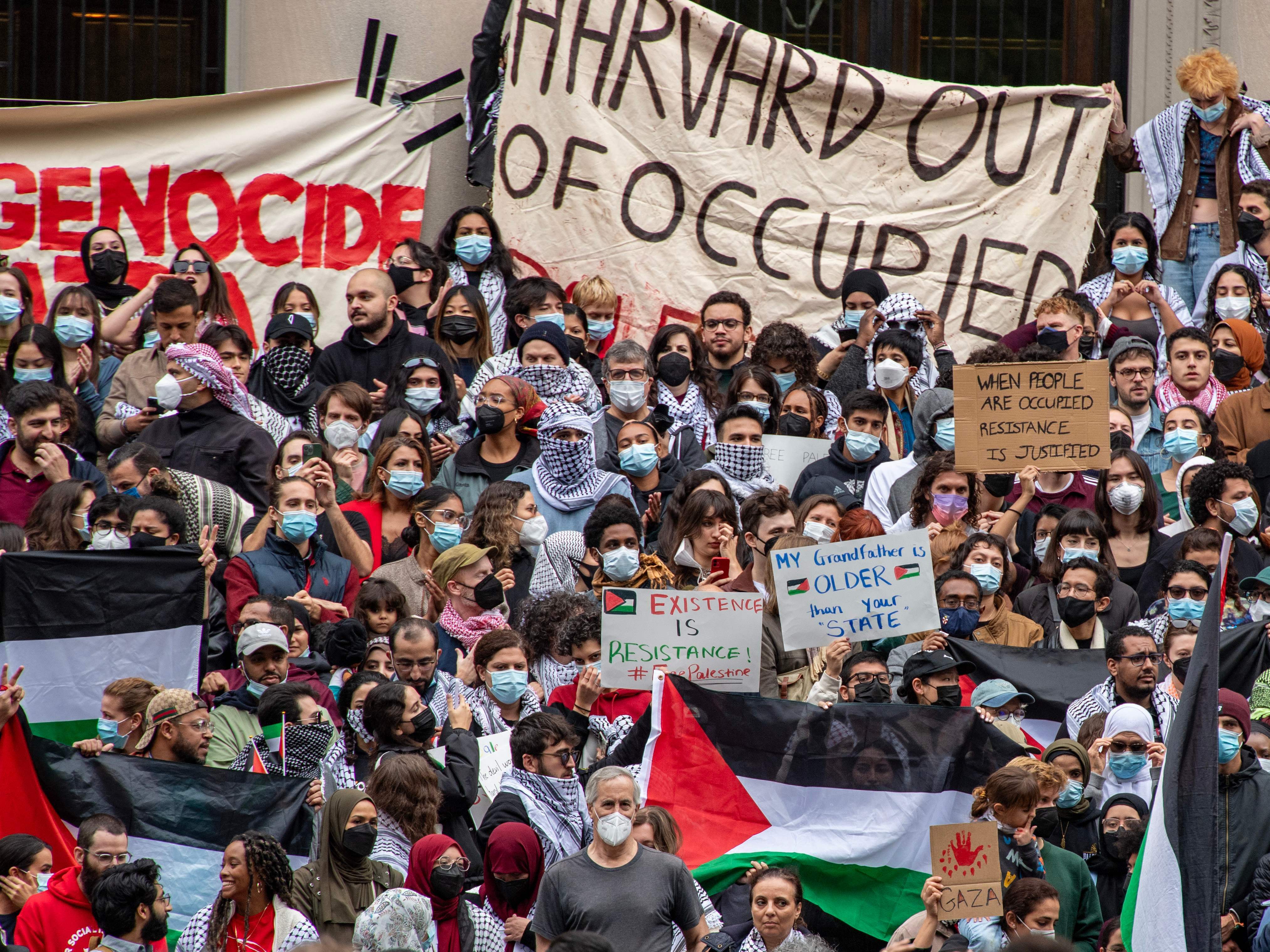 Supporters of Palestine gather in Harvard Yard to show their support for Palestinians in Gaza at a rally in Cambridge, Mass. (AFP via Getty Images)