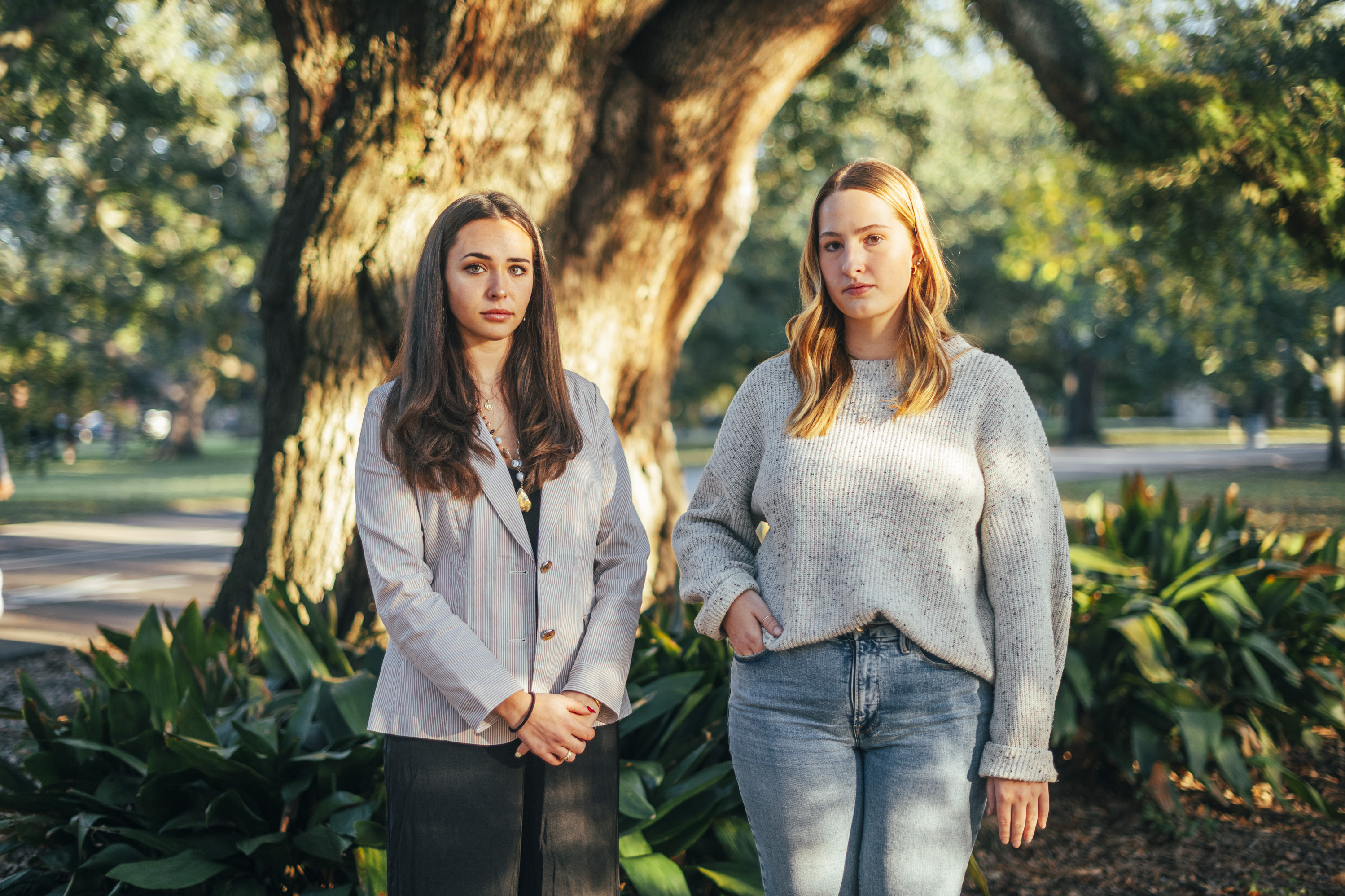 Students Hannah Levitan, left, and Lindsay Ruhl launched <em>The Tulane Hullabaloo</em>'s first student podcast in response to campus tensions over Israel's war in Gaza. (Emily Kask for NPR)