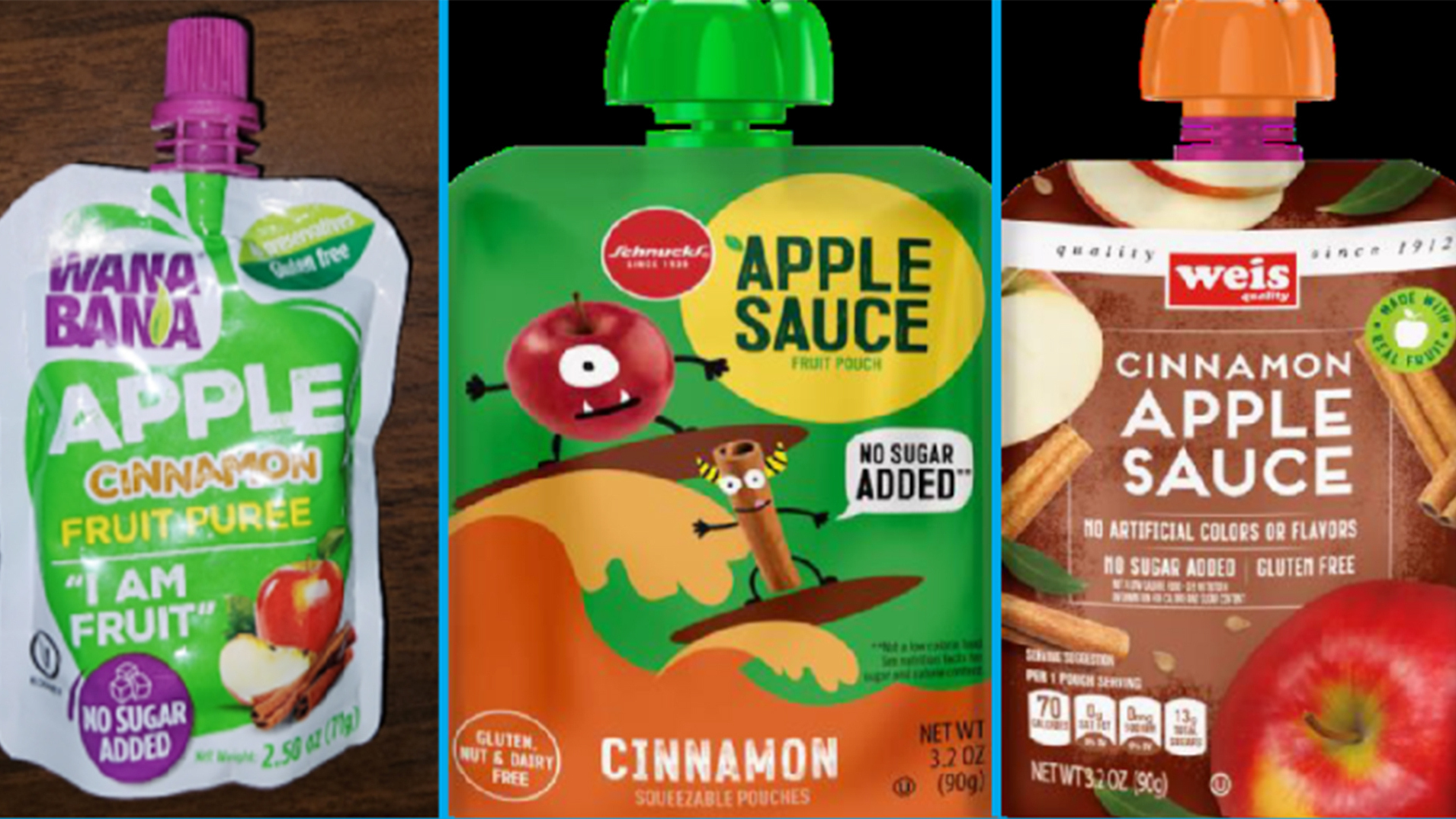 This image provided by the U.S. Food and Drug Administration shows three recalled applesauce products:  WanaBana apple cinnamon fruit puree pouches, Schnucks-brand cinnamon-flavored applesauce pouches and variety pack, and Weis-brand cinnamon applesauce pouches.