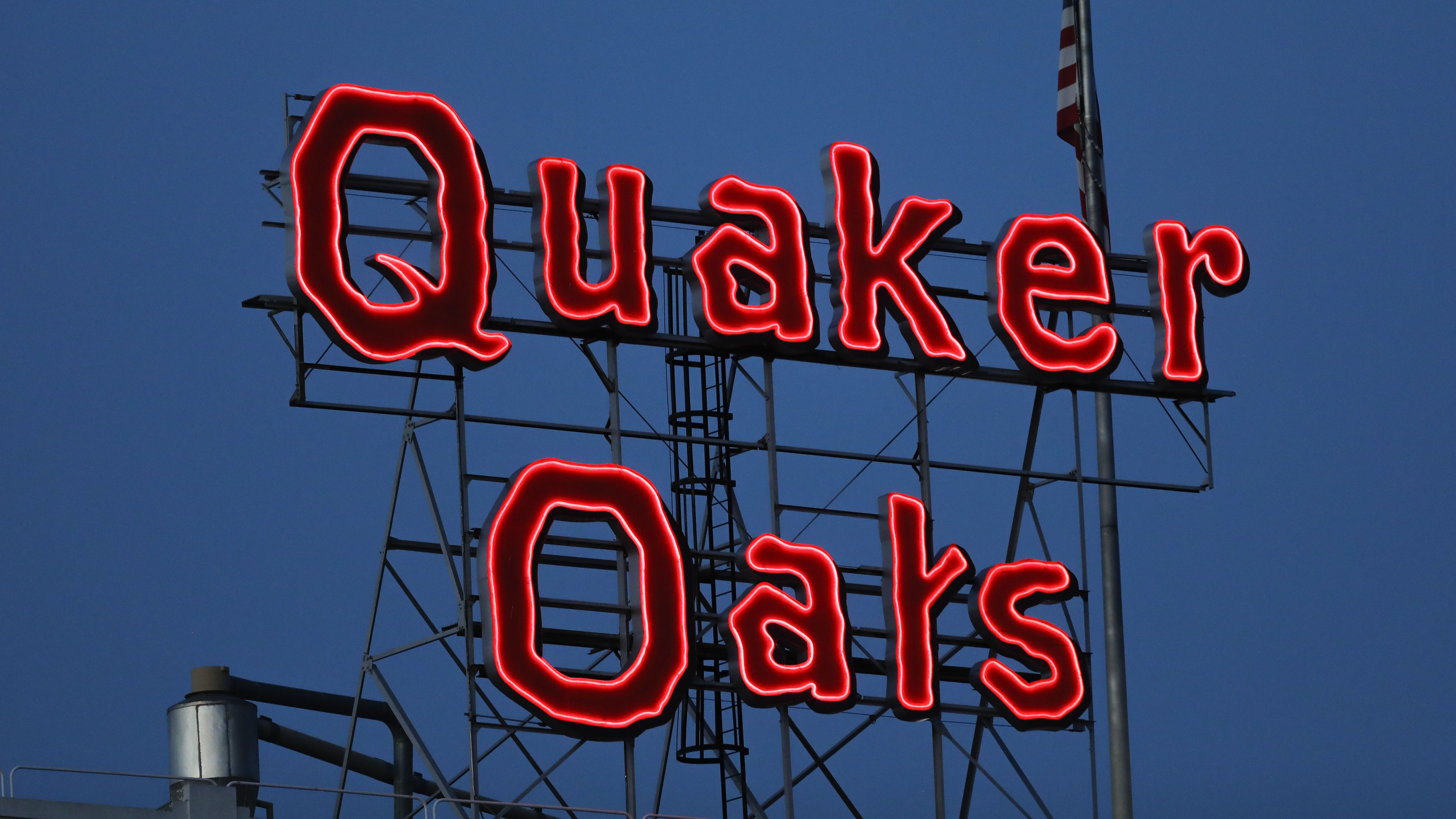 The Quaker Oats sign is seen in Cedar Rapids, Iowa in June 2021. Quaker Oats on Friday, Dec. 15, 2023, recalled several of its granola products, including granola bars and cereals, saying the foods could be contaminated with salmonella.