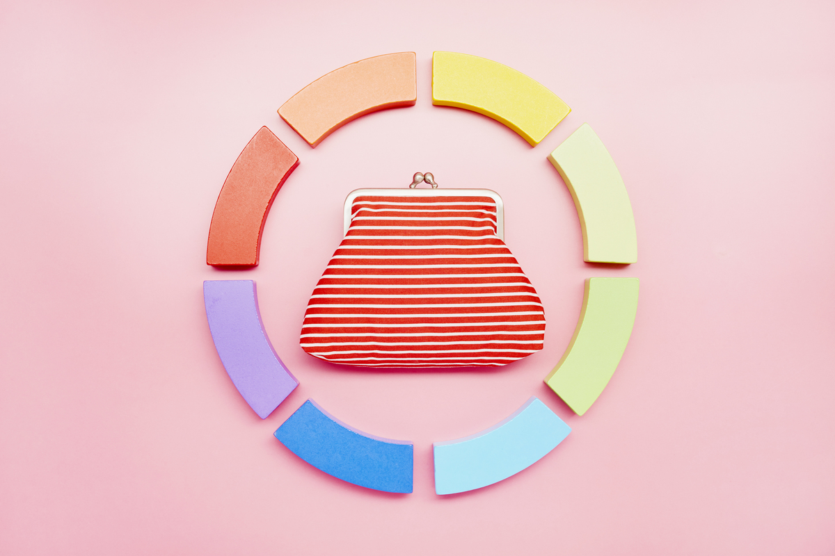 A red wallet sits against a light pink backdrop. The wallet is surrounded by a pie chart divided into colors that represent a budget that includes categories like housing, groceries, entertainment, savings and paying down debt.