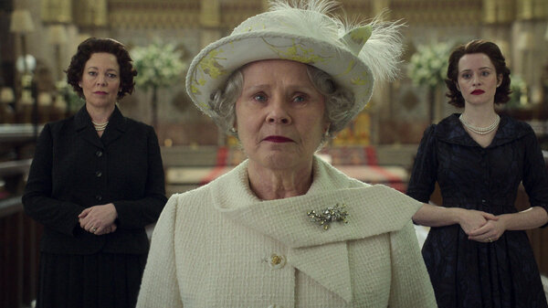Queen Elizabeth II, as portrayed by Olivia Colman (left) Imelda Staunton (center) and Claire Foy (right). Netflix