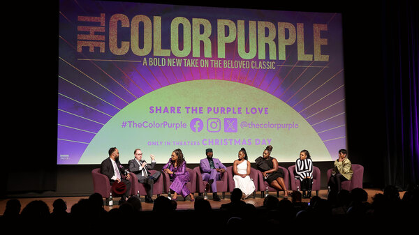 Cast members sit and answer questions at a screening of "The Color Purple" at the National Museum of African American History in Washington, D.C.
