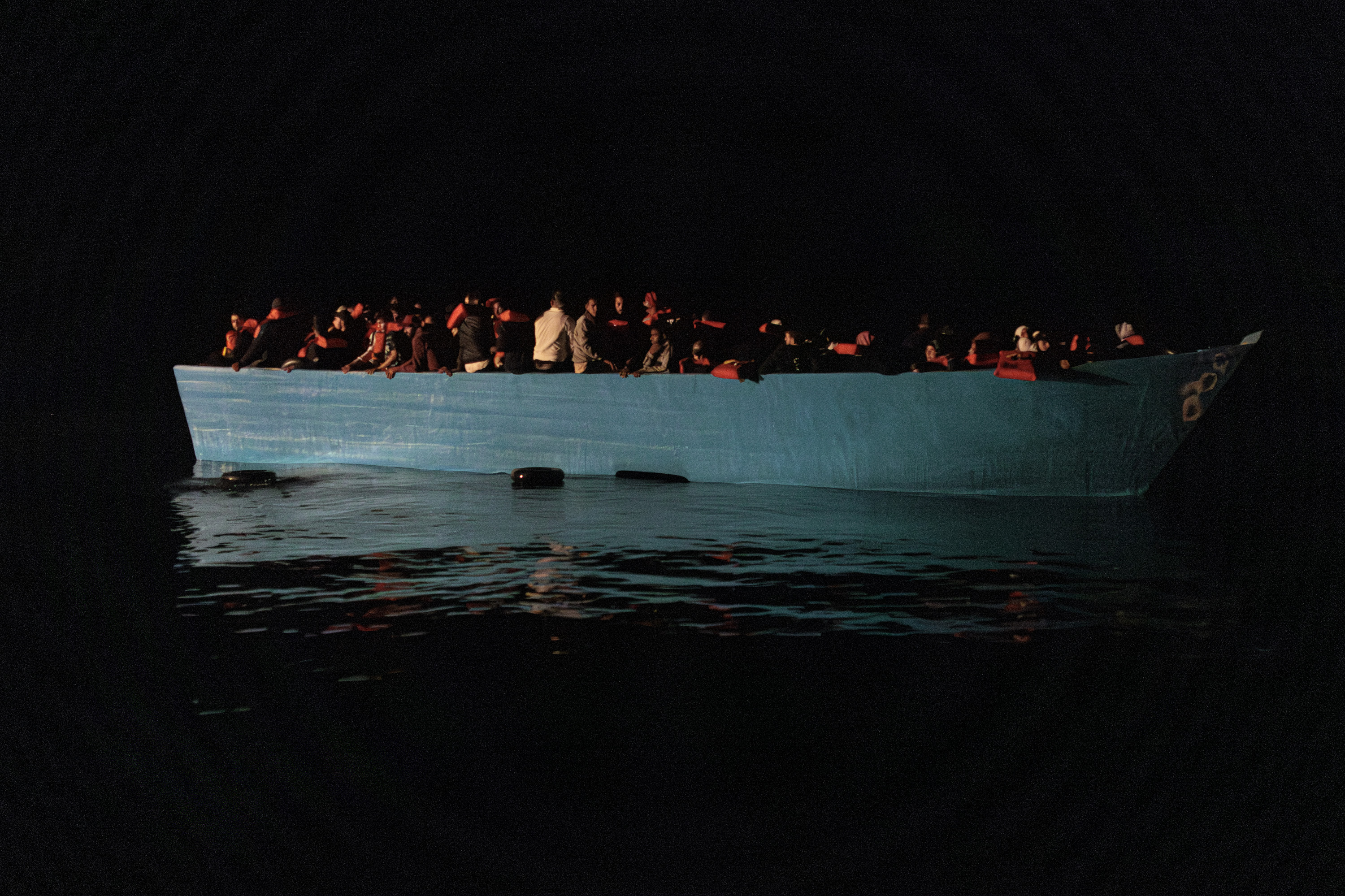 LIBYA — A wooden boat was spotted and rescued overnight in international waters north of Libya by the humanitarian ship Geo Barents, of Doctors Without Borders on Oct. 6, 2023. The wooden boat was carrying 162 people including 22 women and 29 children.