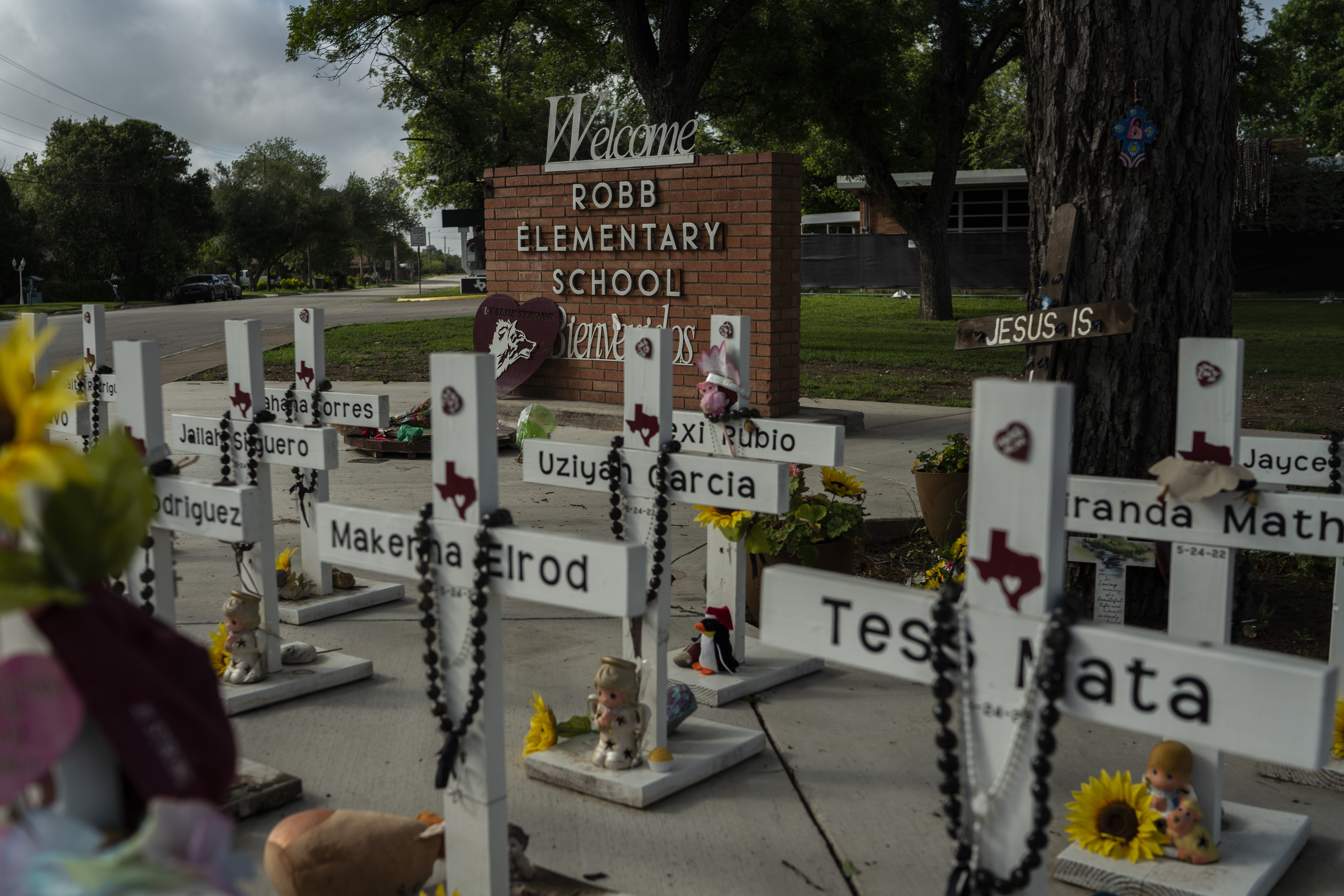 UVALDE, TEXAS: The memorial at Robb Elementary School in Uvalde, Texas for the mass shooting that happened on May 24, 2022, killed 19 children and two teachers. For surviving families, the year since has been an agonizing fight for answers and accountability. See the story.