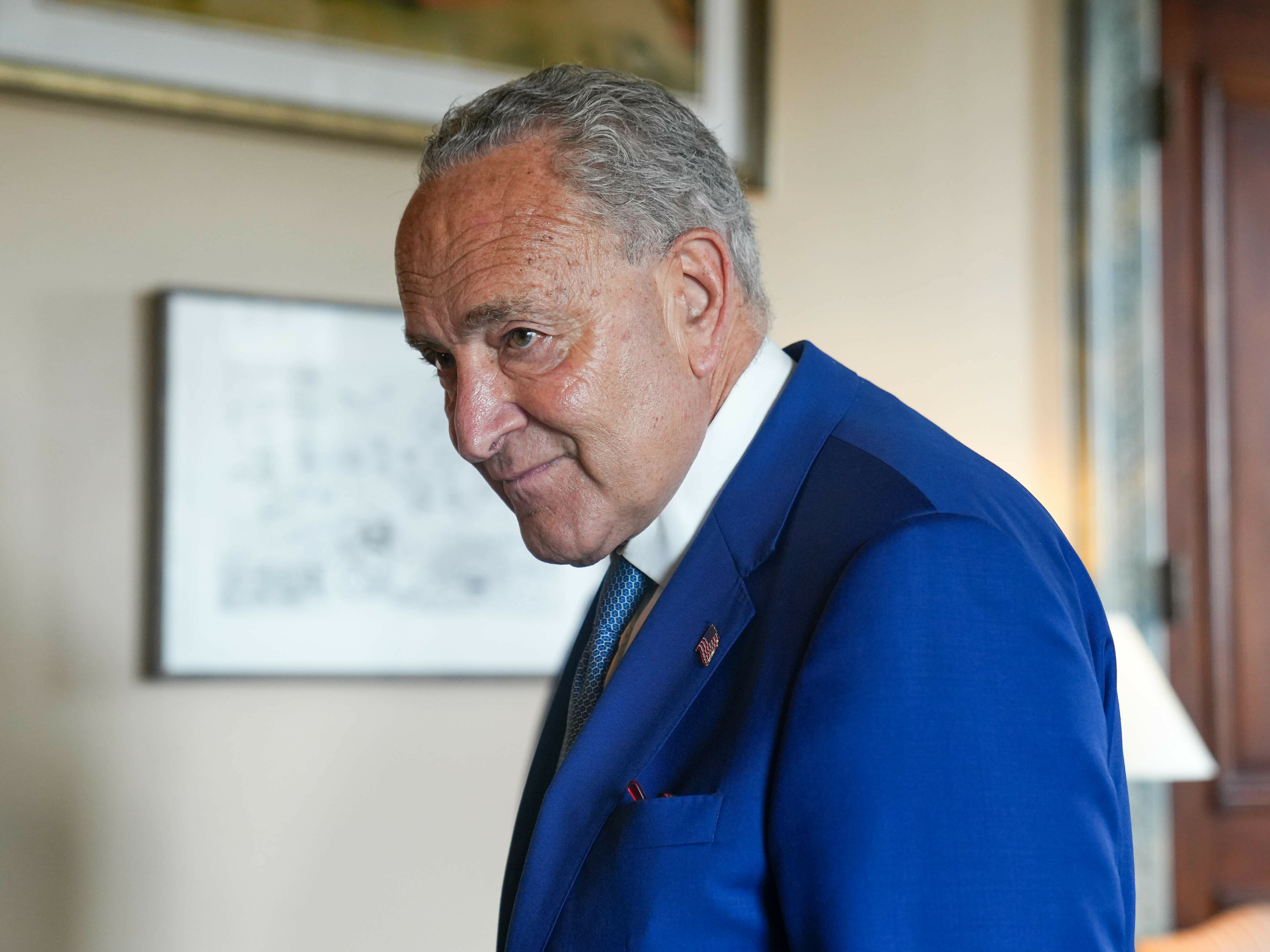 WASHINGTON, D.C.: Senate Majority Leader Chuck Schumer spoke to NPR about the Democrats' plans with the Inflation Reduction Act, at the Capitol, on Aug. 16. See the story.