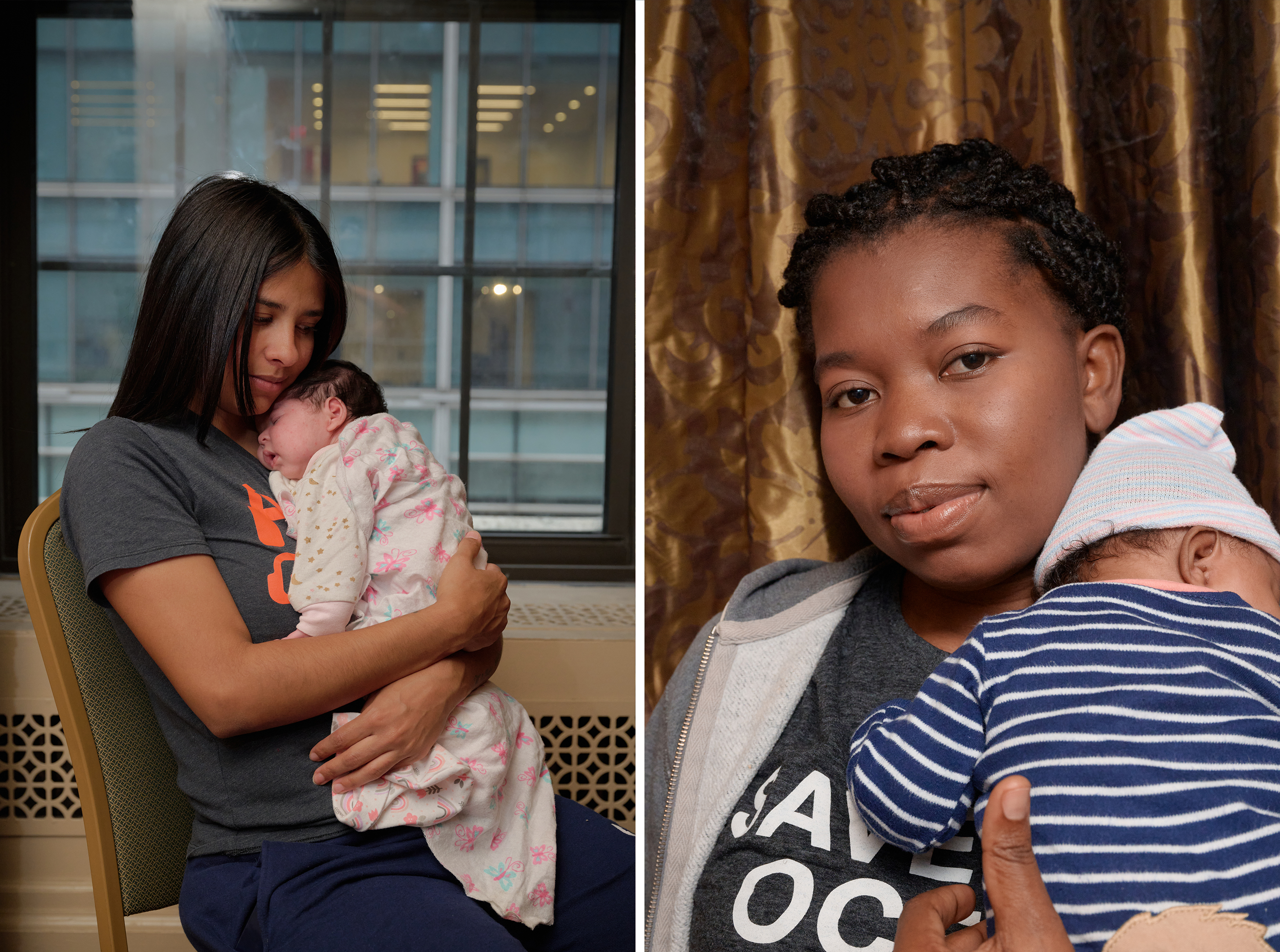 NEW YORK CITY: (Left) Daríana Perdigón, originally from Venezuela, and her newborn Dariangelys and (Right) Magdala Ciceron with her child Amaya, pose for portraits in the maternity care unit at the Roosevelt Hotel's medical clinic. See the story.