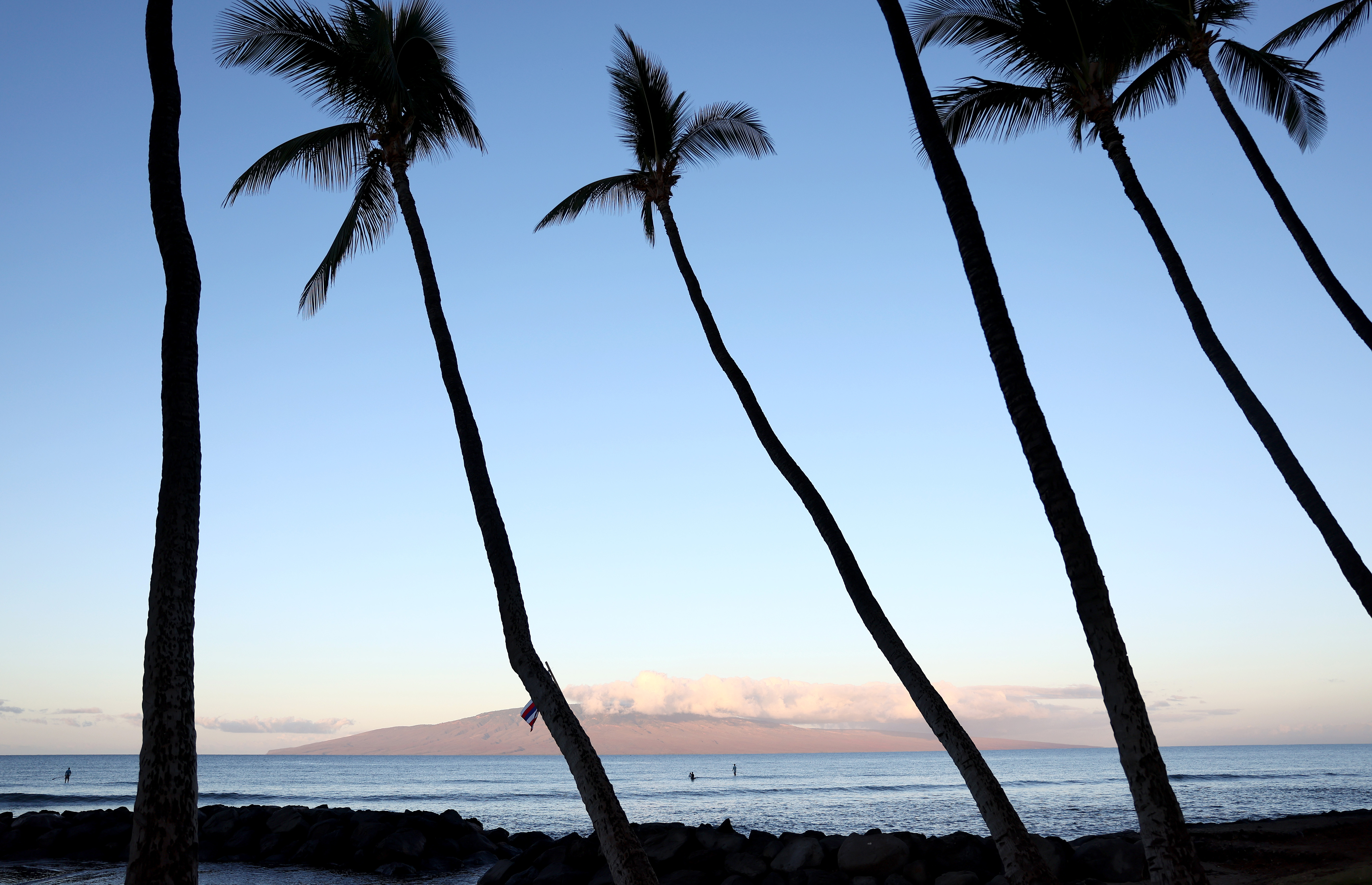 People surf off of Launiupoko Beach Park near Lahaina, Hawaii, in October. A surfer died after encountering a shark on Maui on Saturday. (Getty Images)