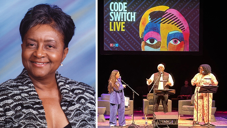 Code Switch is live on stage in Little Rock, Ark. (right). They interviewed Dr. Sybil Jordan Hampton (left) about what it was like to go to school during desegregation efforts in the 1950s and 60s. (Dr. Sibyl Jordan Hampton, Little Rock Public Radio)